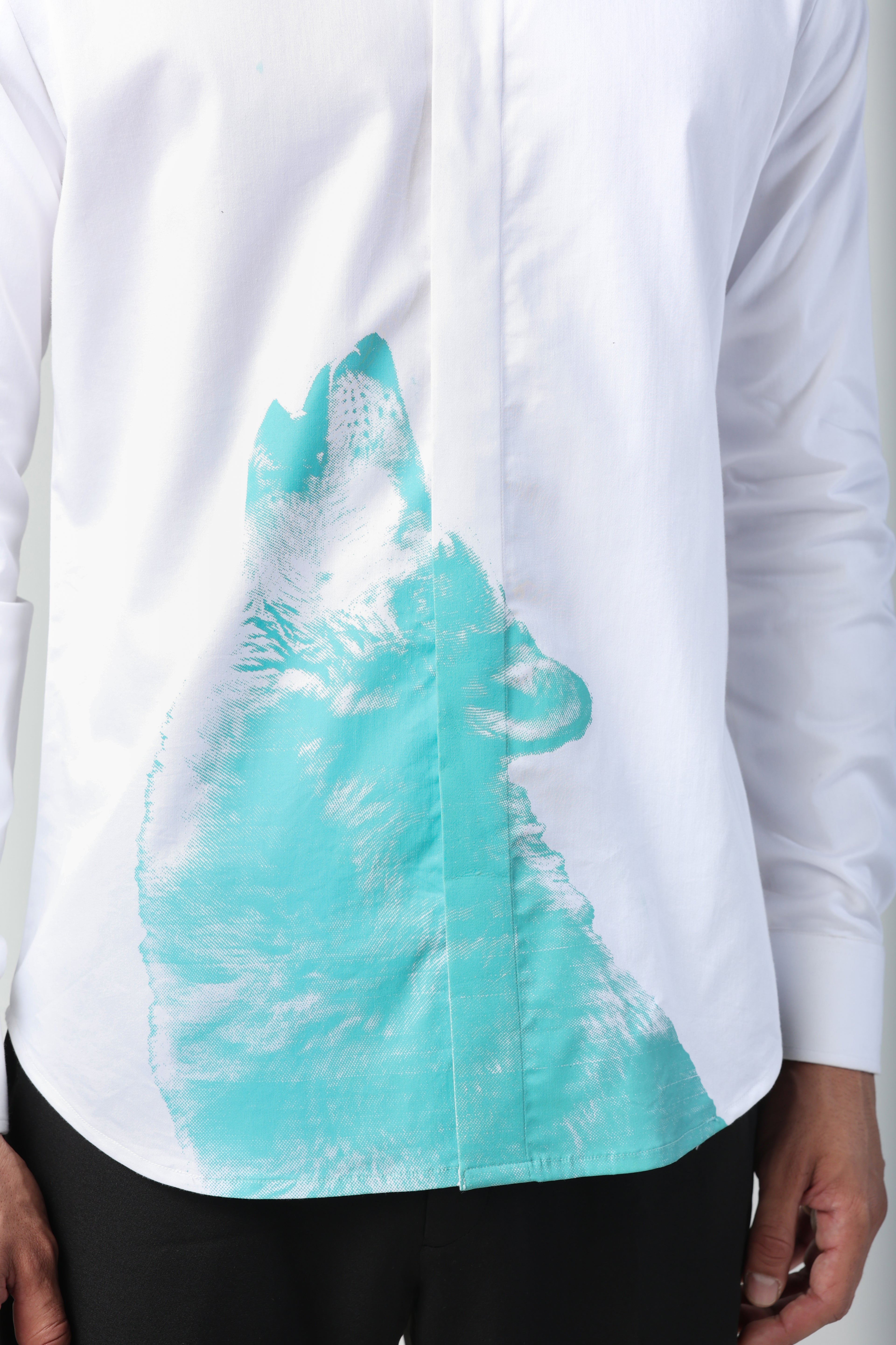 RENATO WHITE AND AQUA BLUE WOLF PRINTED SHIRT