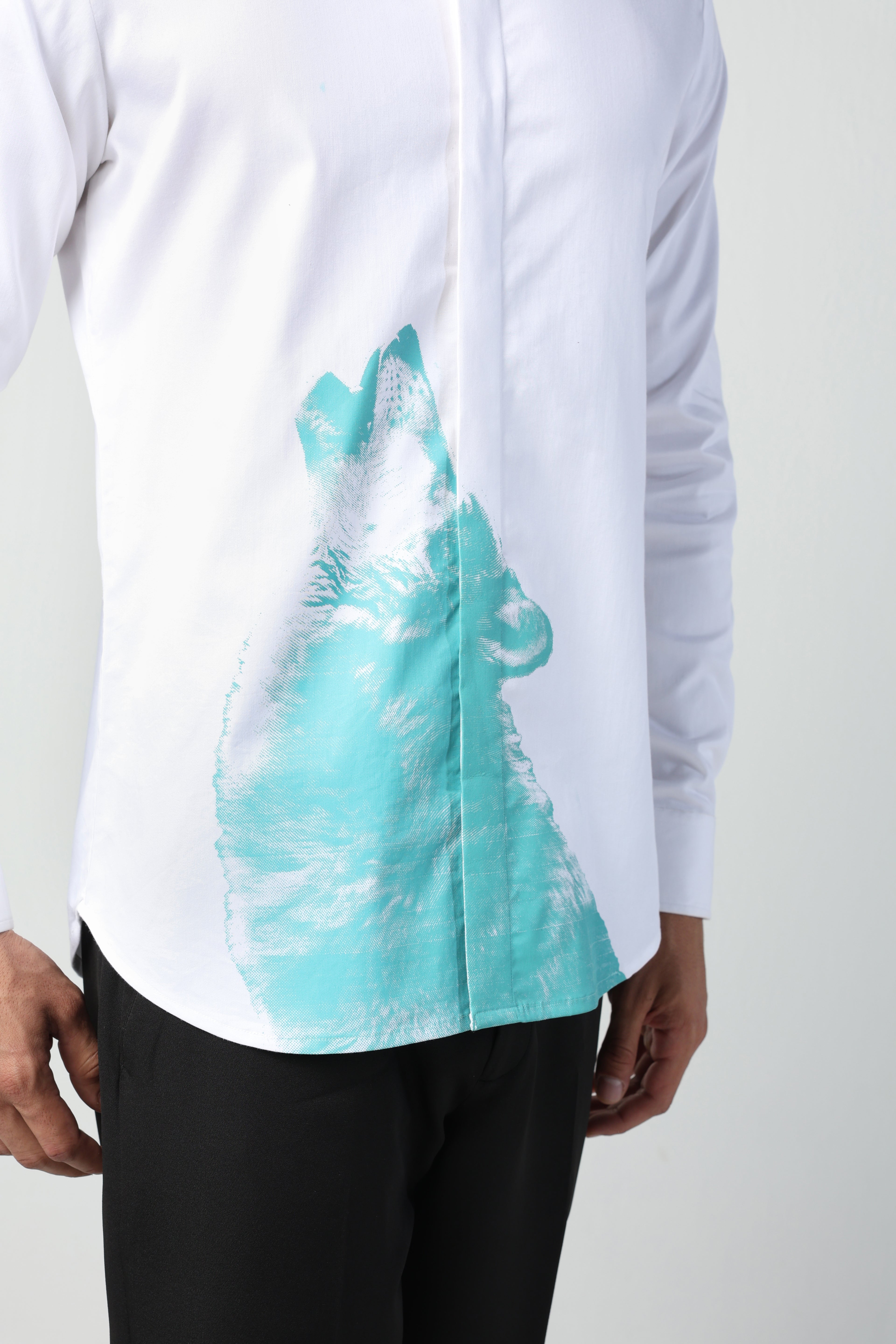 RENATO WHITE AND AQUA BLUE WOLF PRINTED SHIRT