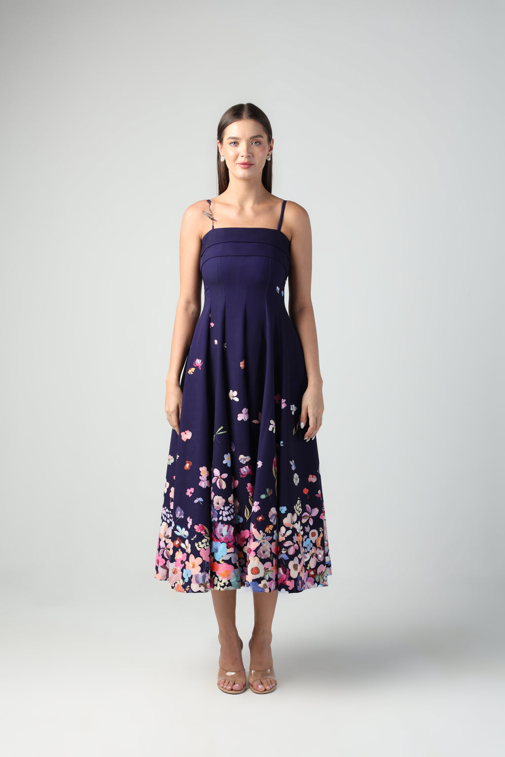 ZELINDA PURPLE OMBRE FLORAL PRINTED EMBELLISHED MIDI DRESS