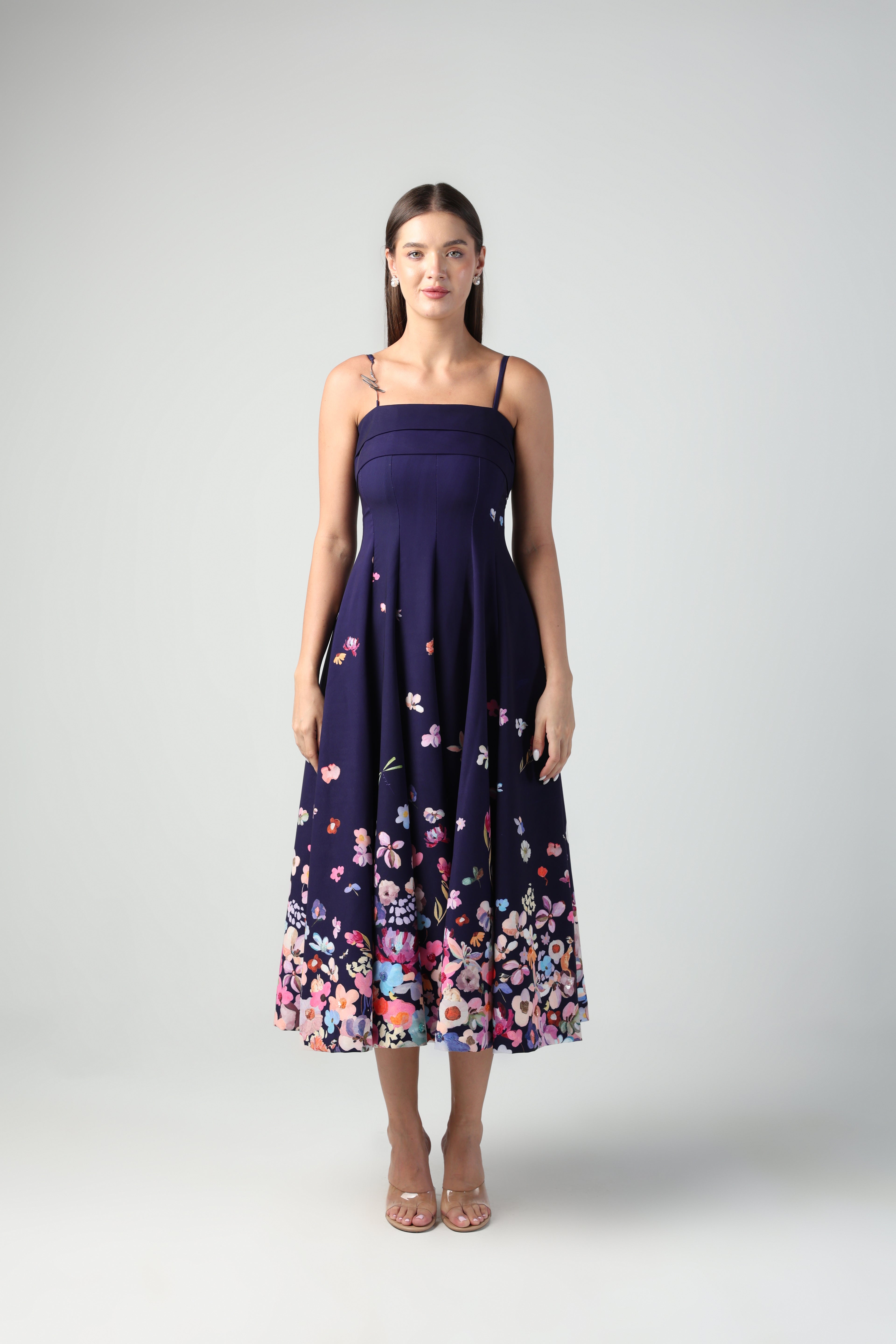 ZELINDA PURPLE OMBRE FLORAL PRINTED EMBELLISHED MIDI DRESS