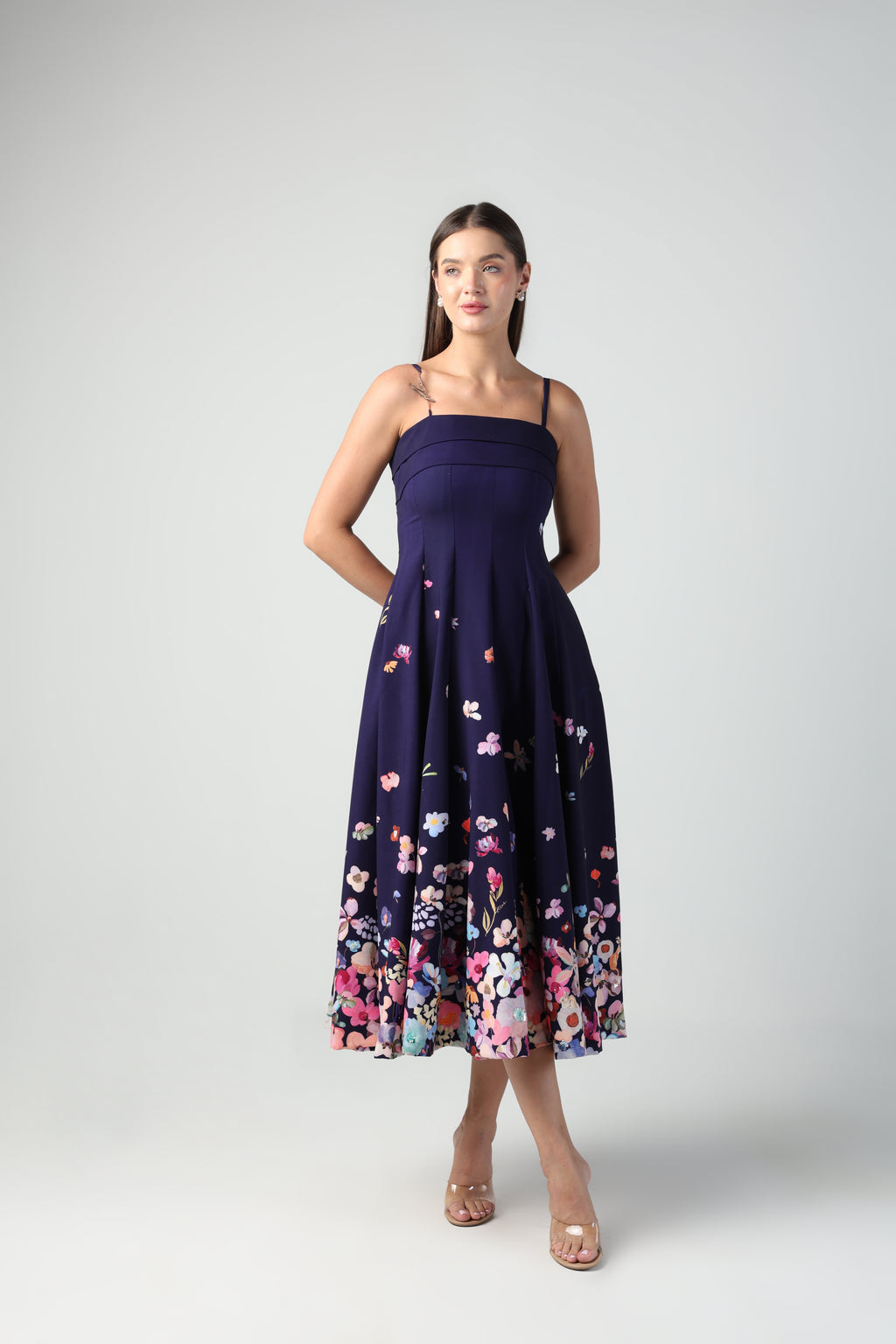 ZELINDA PURPLE OMBRE FLORAL PRINTED EMBELLISHED MIDI DRESS
