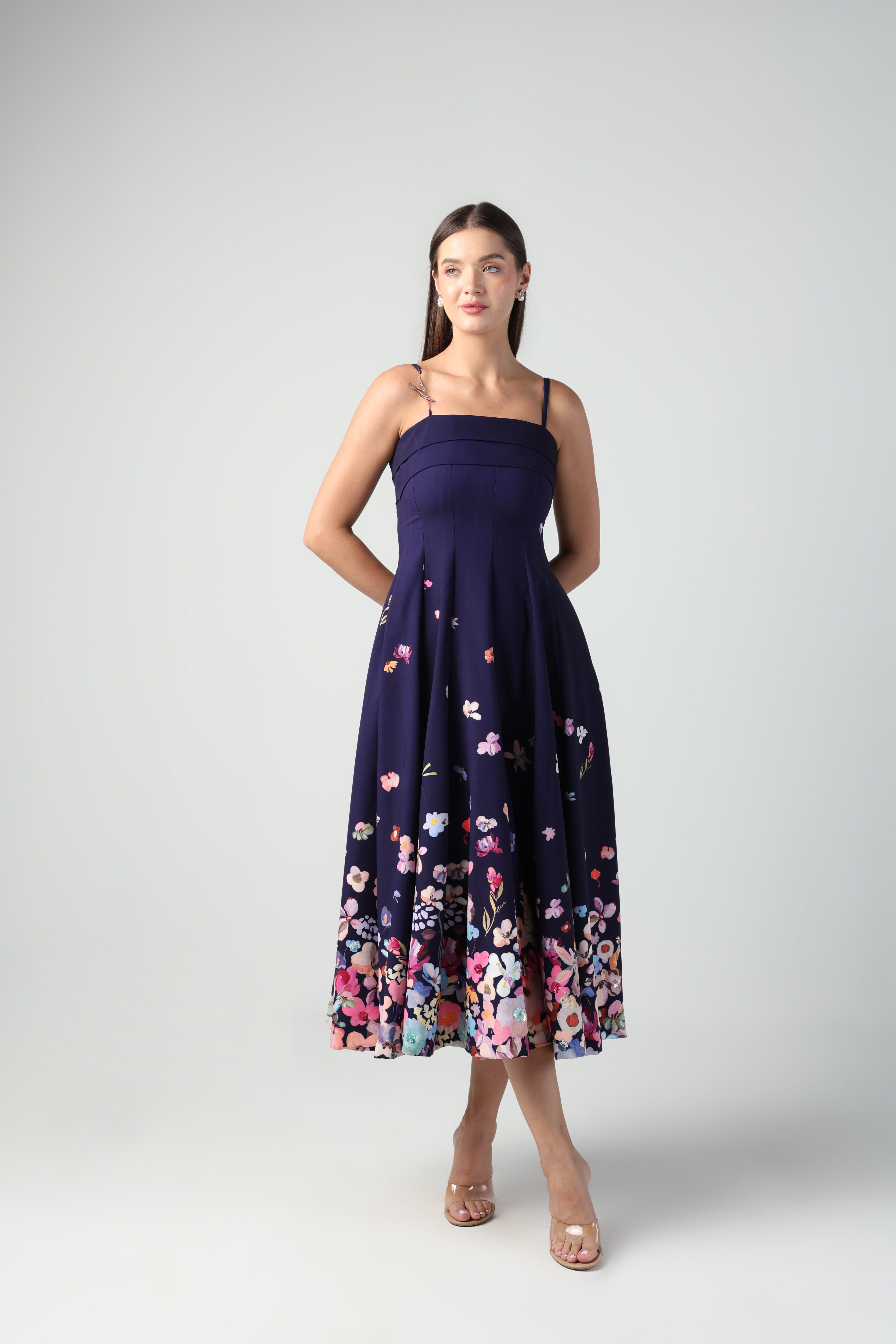 ZELINDA PURPLE OMBRE FLORAL PRINTED EMBELLISHED MIDI DRESS