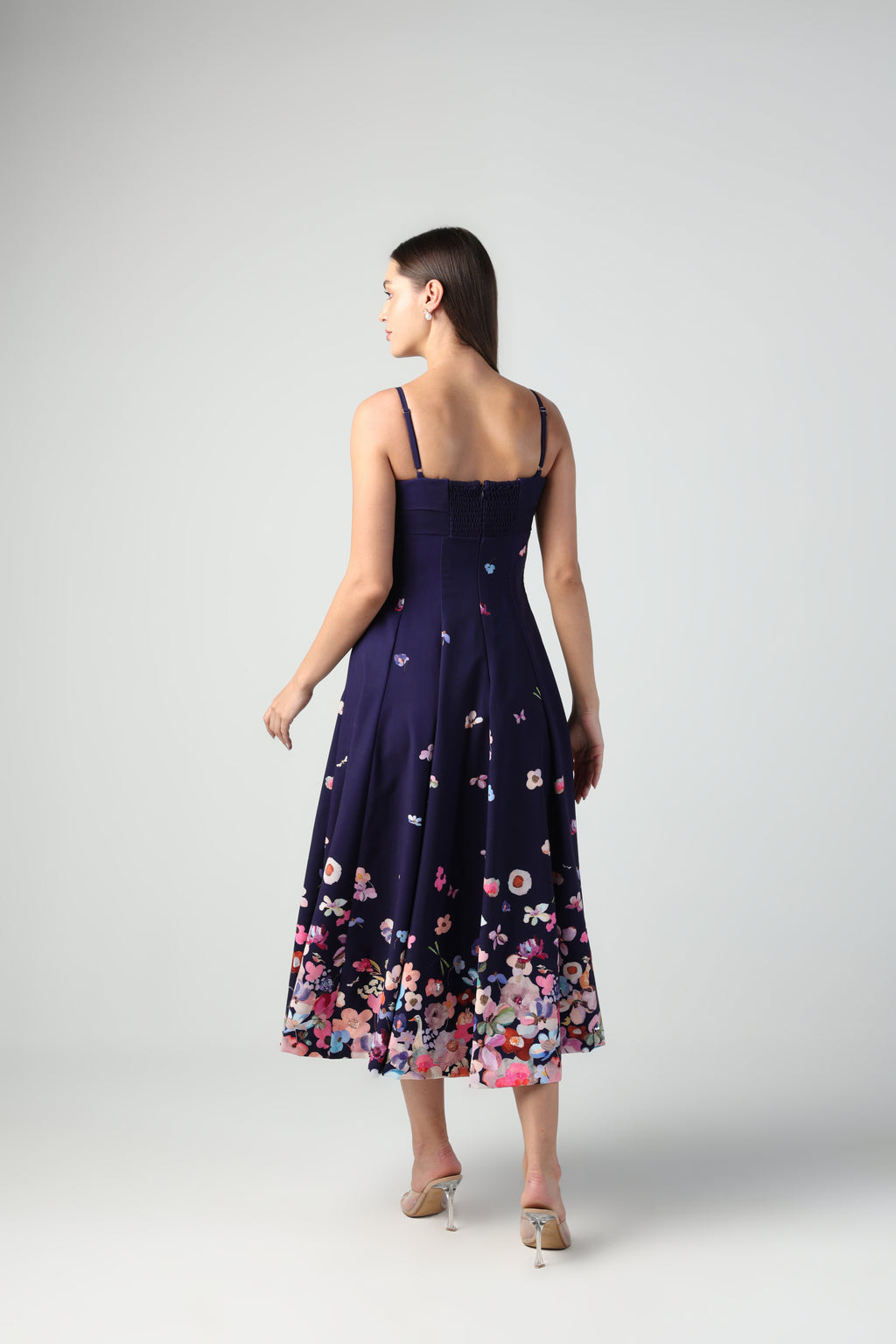ZELINDA PURPLE OMBRE FLORAL PRINTED EMBELLISHED MIDI DRESS
