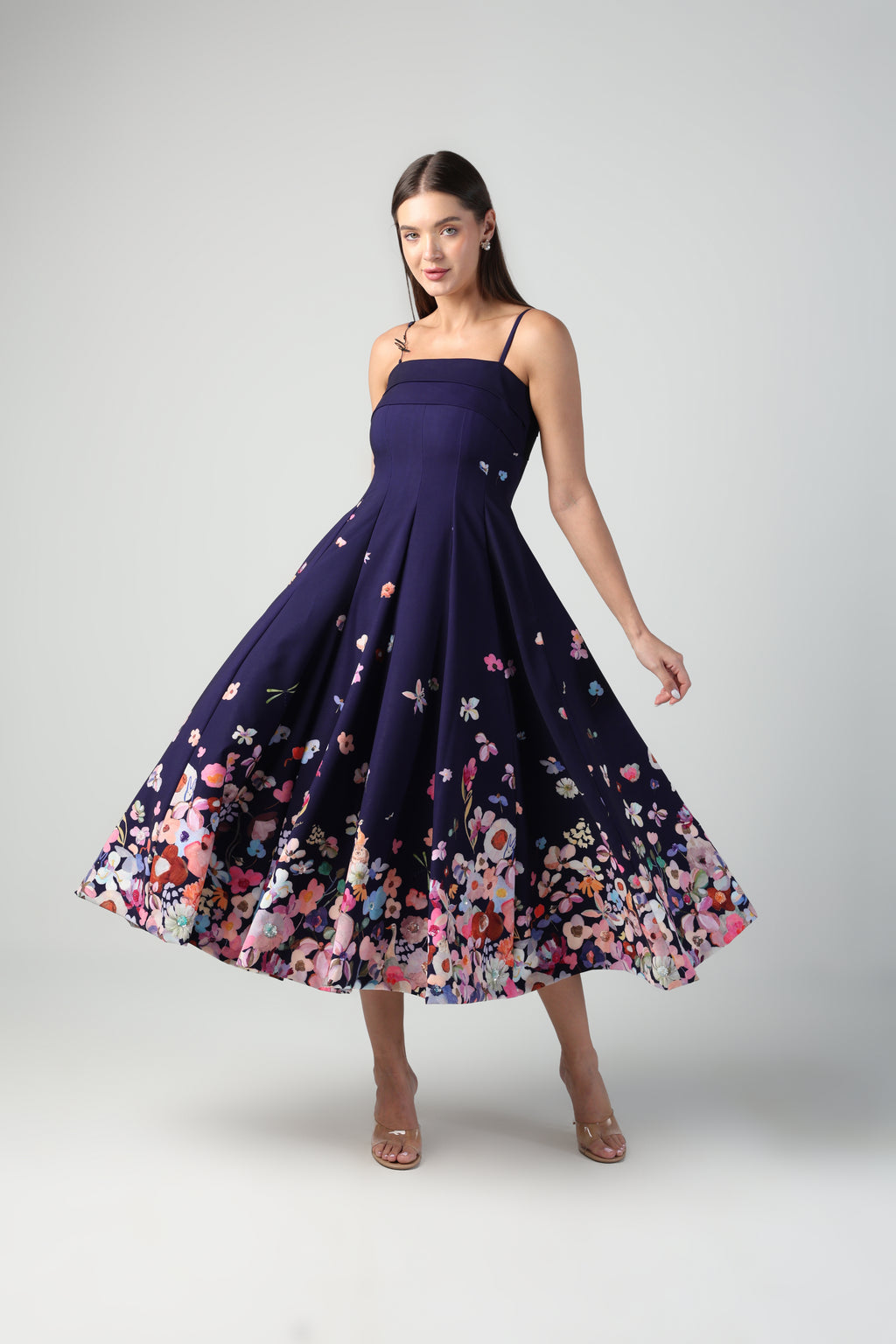 ZELINDA PURPLE OMBRE FLORAL PRINTED EMBELLISHED MIDI DRESS