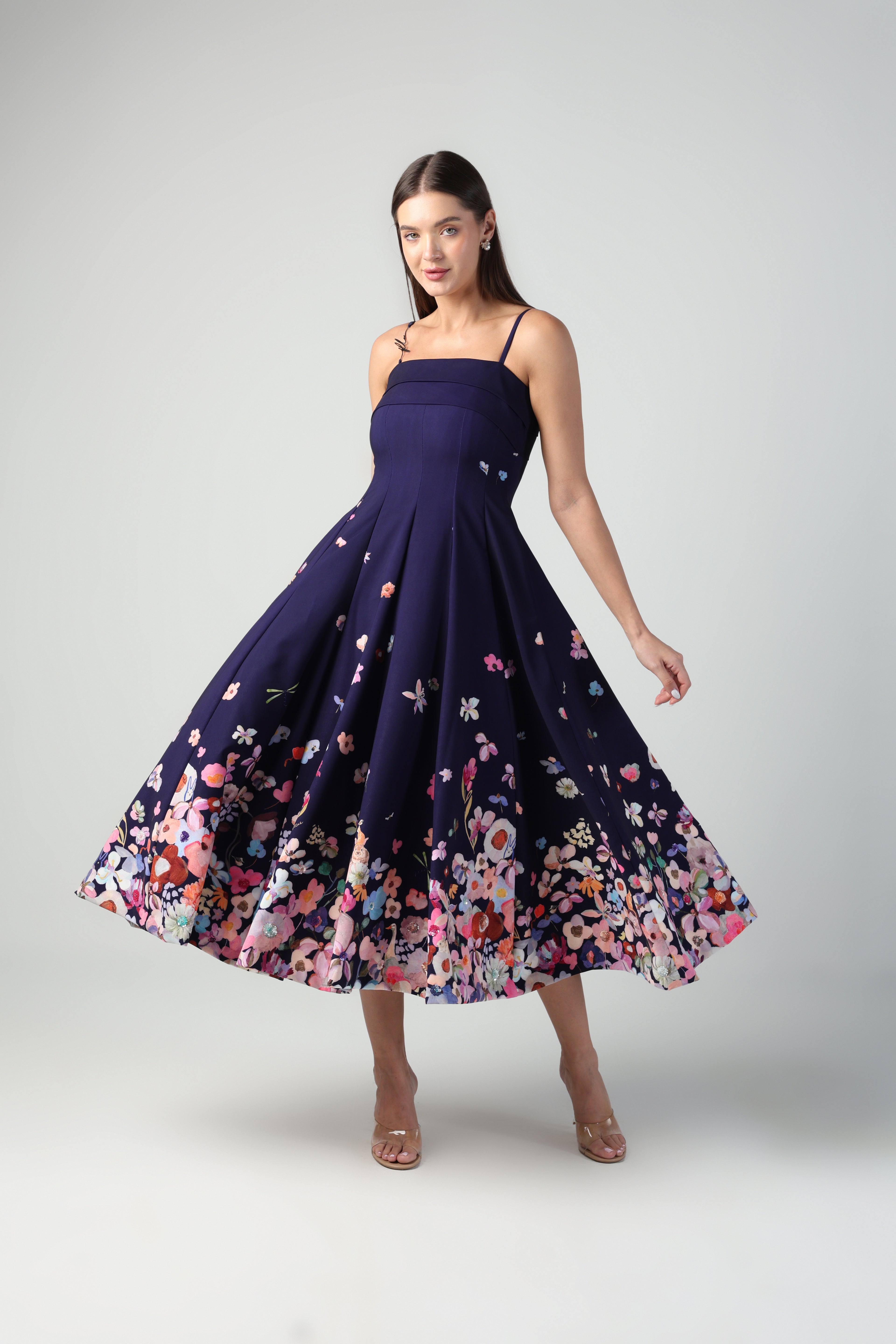 ZELINDA PURPLE OMBRE FLORAL PRINTED EMBELLISHED MIDI DRESS