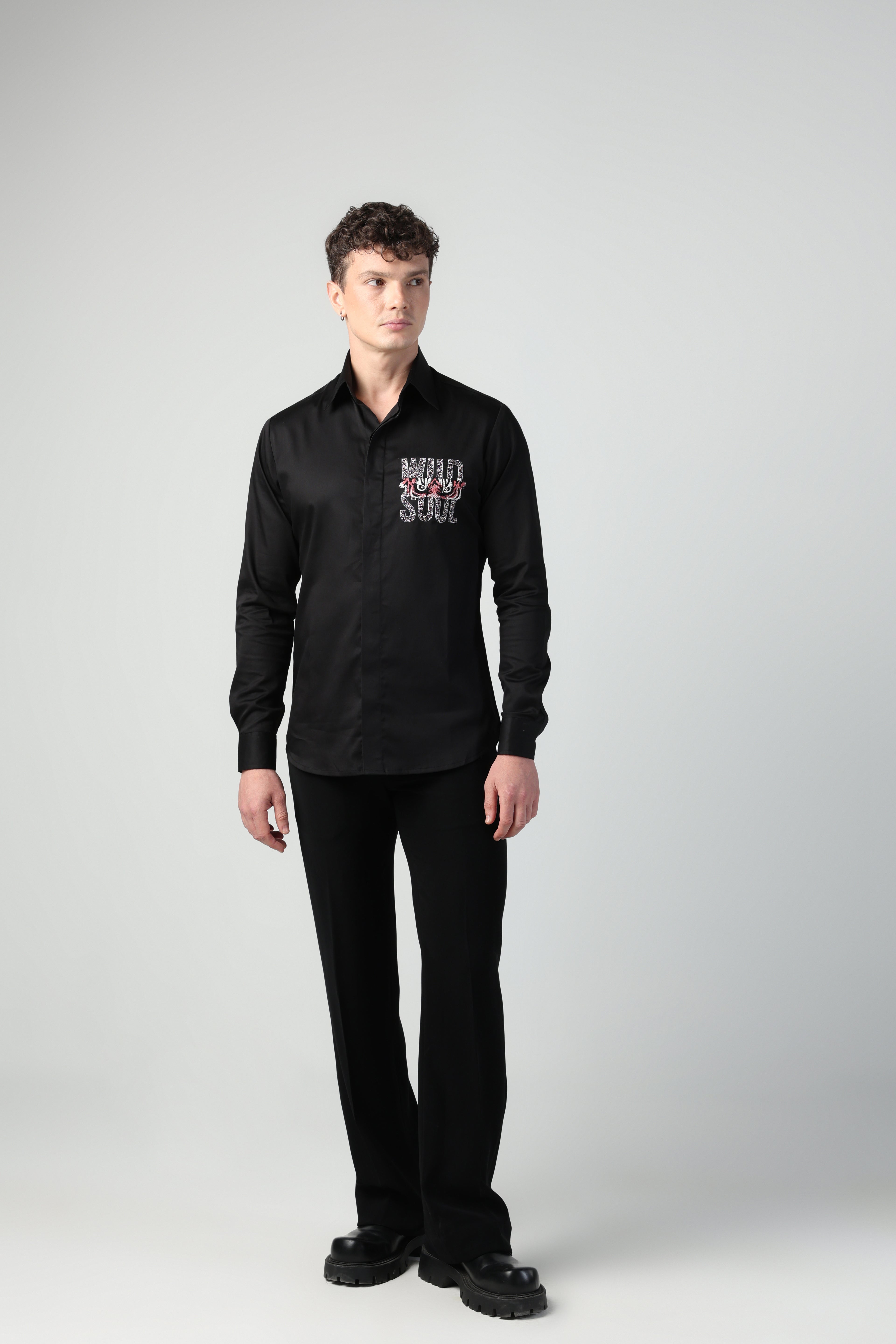 ROMANO BLACK TIGER EYED WILD SOUL HAND EMBROIDERED SHIRT