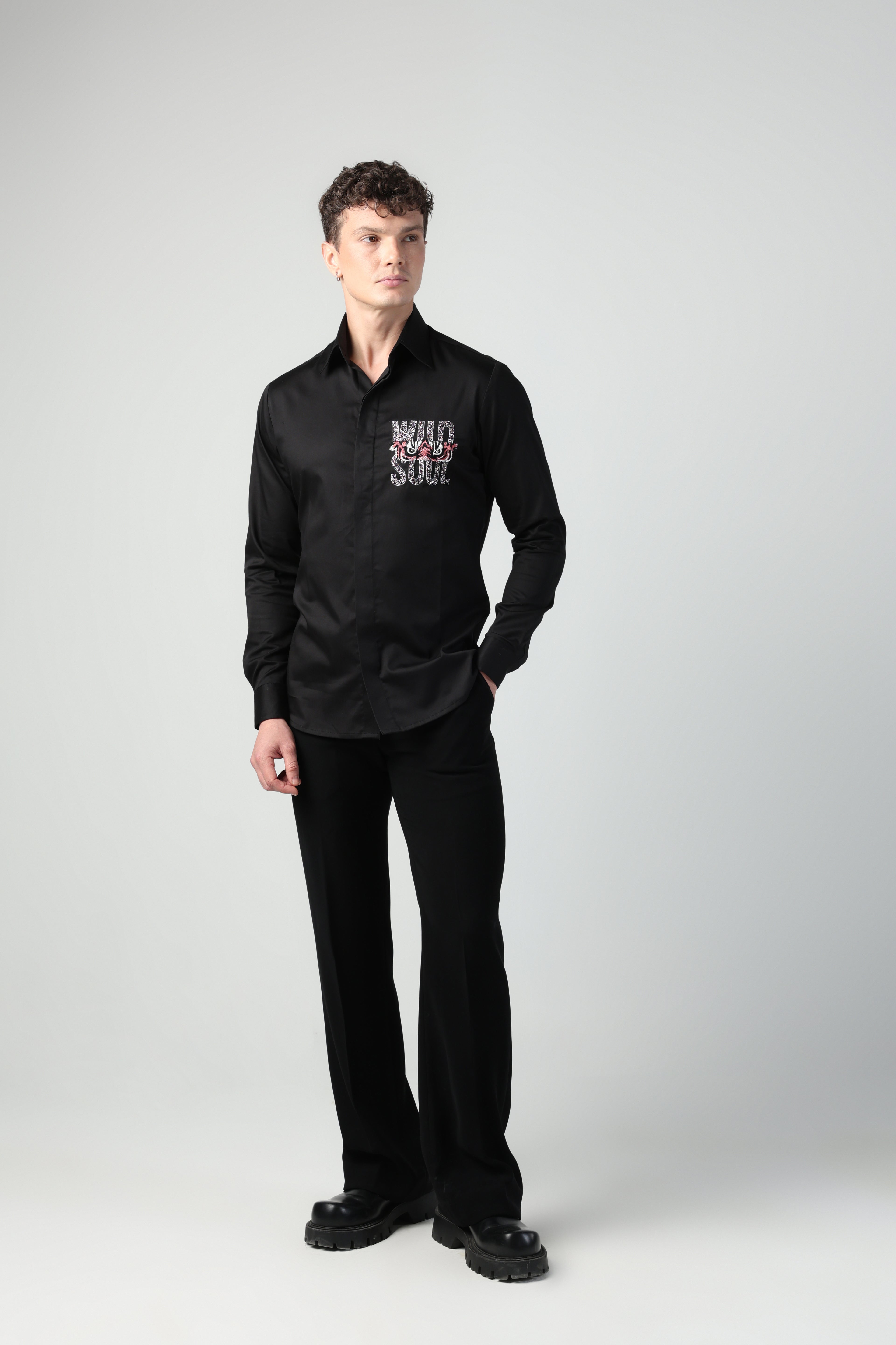 ROMANO BLACK TIGER EYED WILD SOUL HAND EMBROIDERED SHIRT