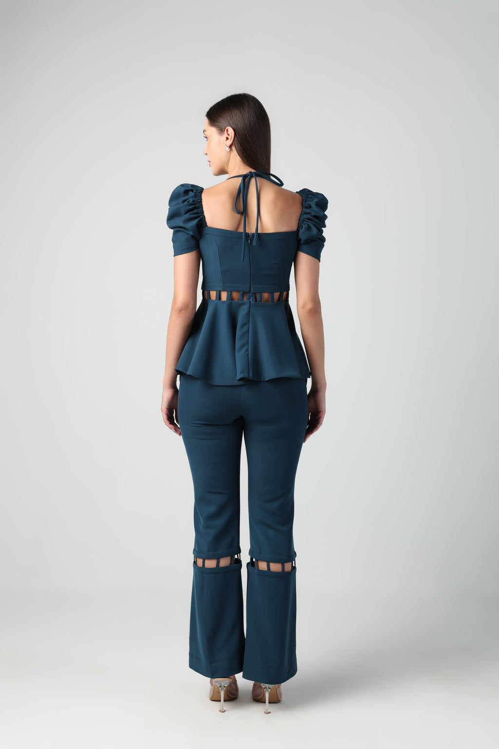 LUCIA TEAL BLUE BANDEAU NECK CUTOUT PEPLUM CO-ORD SET