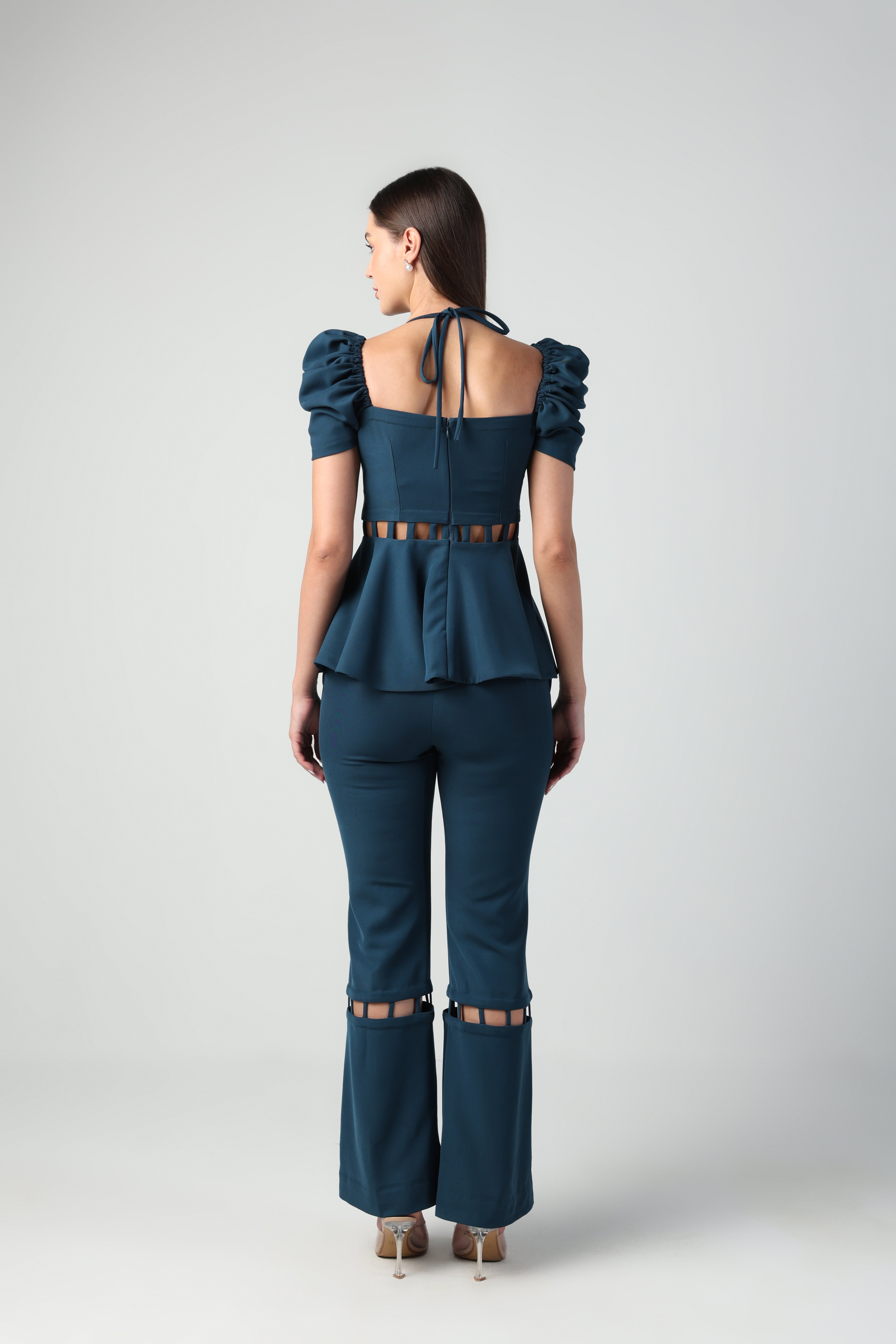 LUCIA TEAL BLUE BANDEAU NECK CUTOUT PEPLUM CO-ORD SET