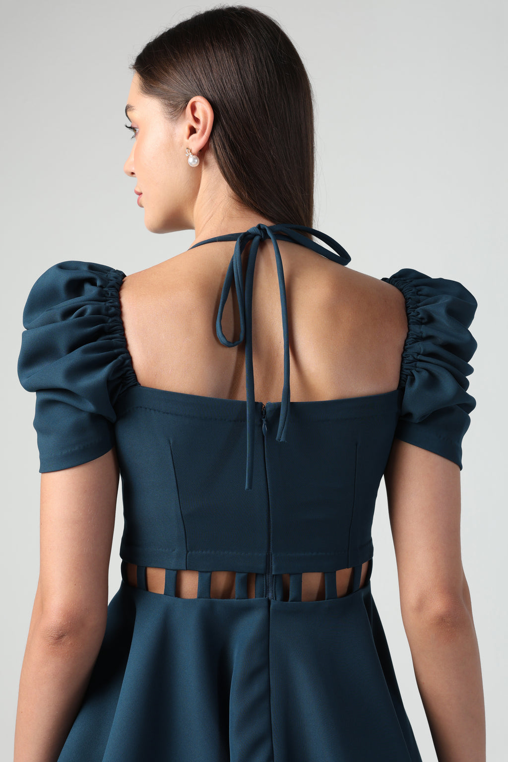 LUCIA TEAL BLUE BANDEAU NECK CUTOUT PEPLUM CO-ORD SET