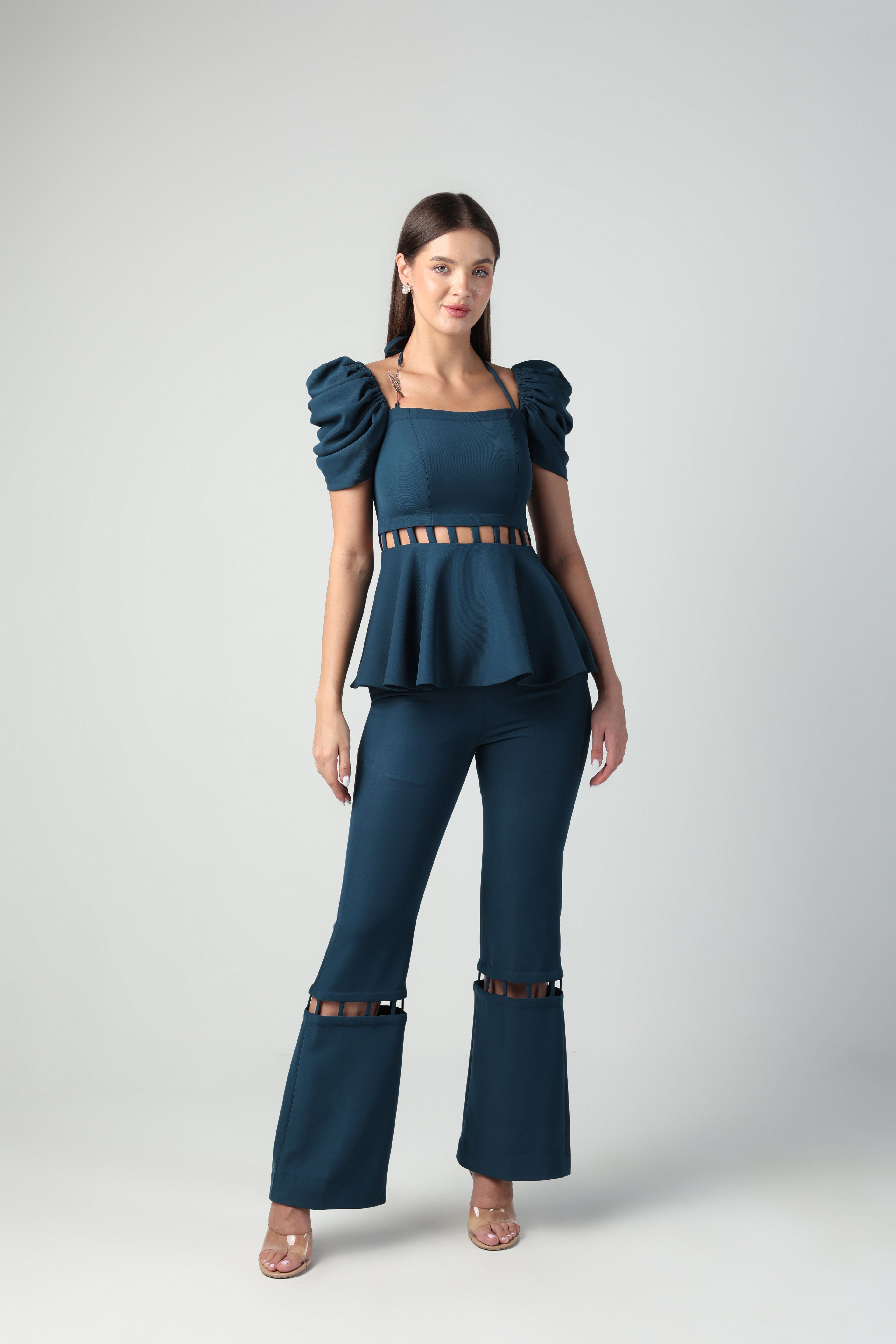 LUCIA TEAL BLUE BANDEAU NECK CUTOUT PEPLUM CO-ORD SET