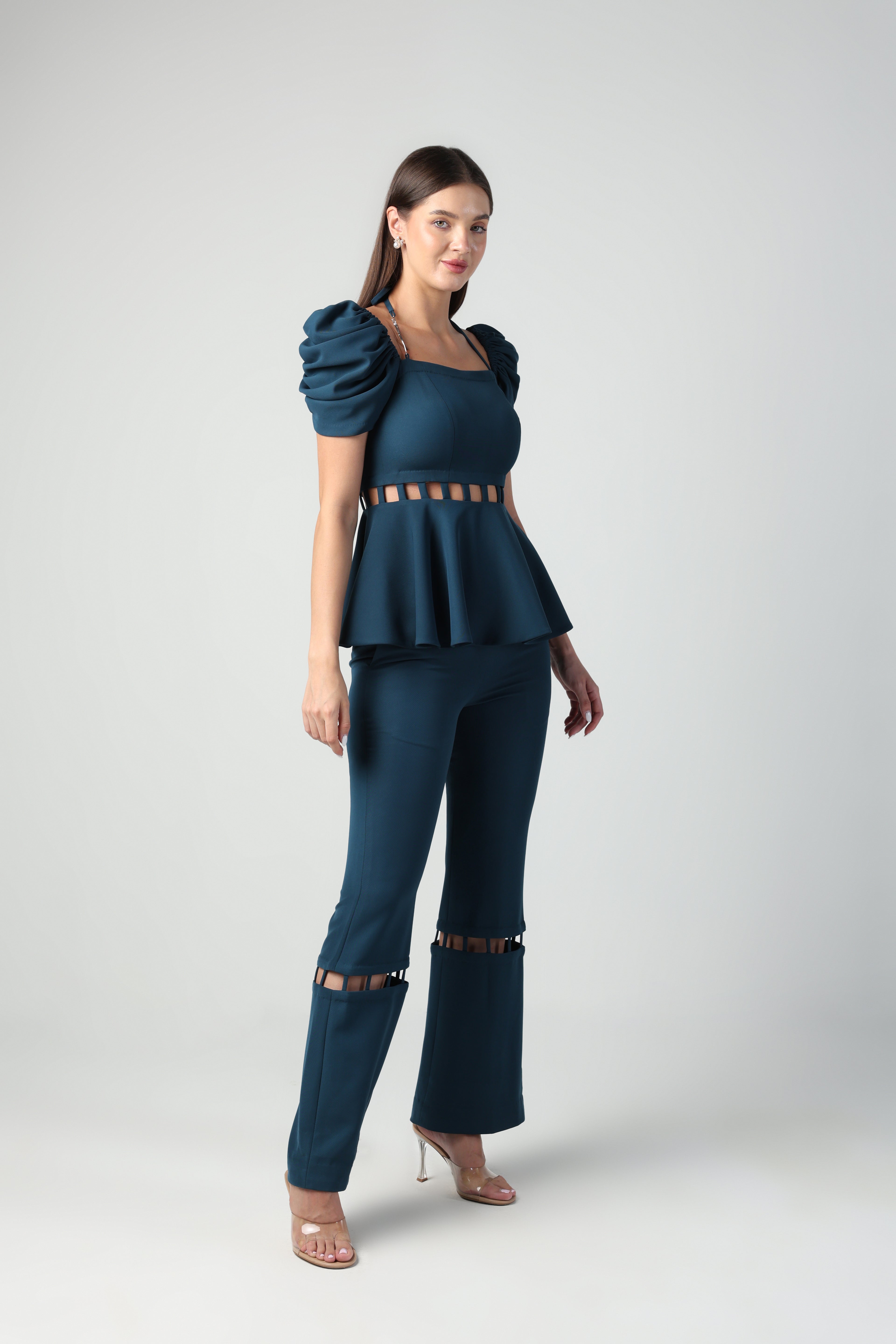 LUCIA TEAL BLUE BANDEAU NECK CUTOUT PEPLUM CO-ORD SET