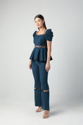 LUCIA TEAL BLUE BANDEAU NECK CUTOUT PEPLUM CO-ORD SET