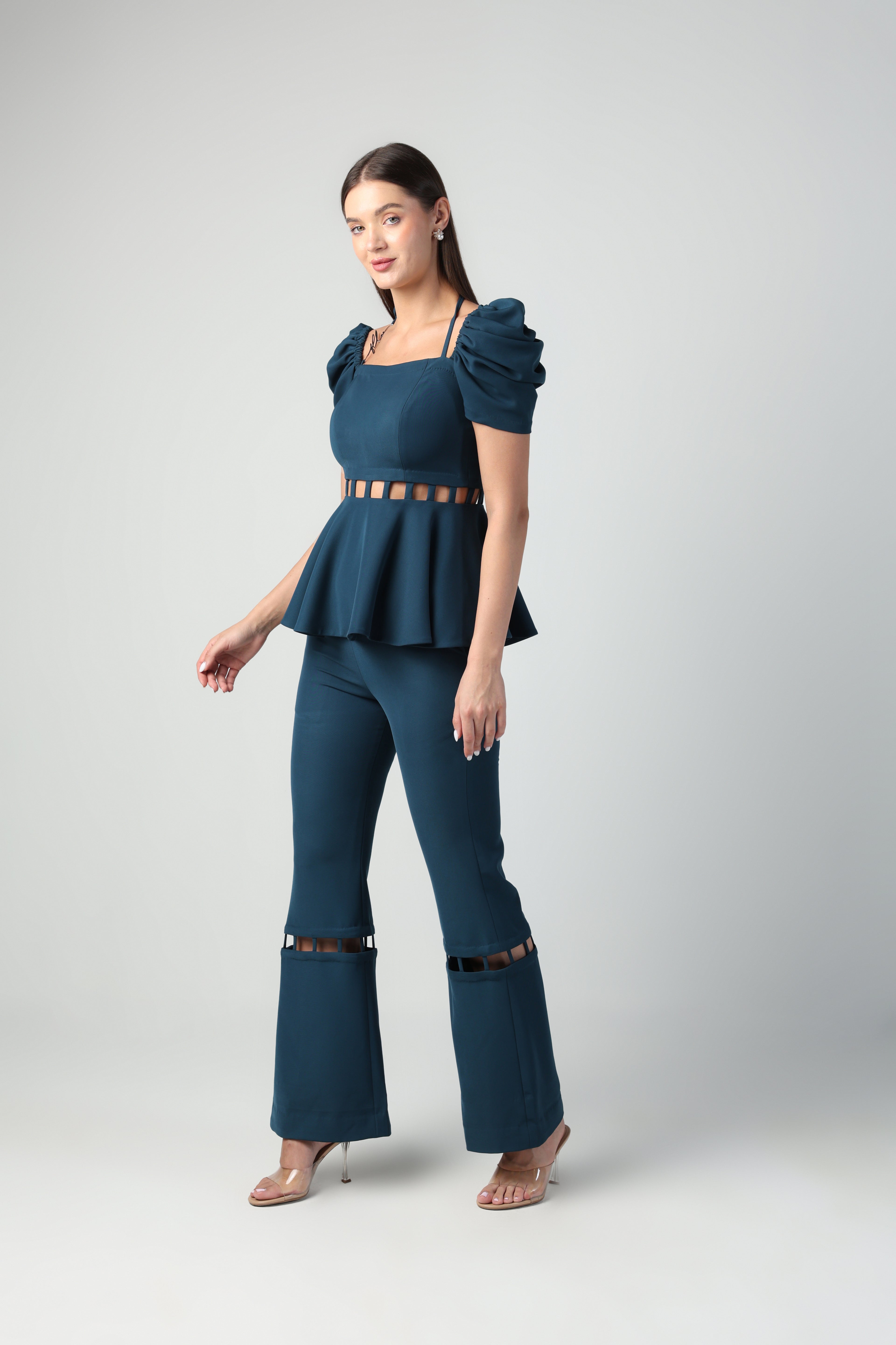 LUCIA TEAL BLUE BANDEAU NECK CUTOUT PEPLUM CO-ORD SET