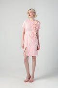 SVEVA PEACH JACQUARD 3D FLOWER EMBELLISHED DRESS