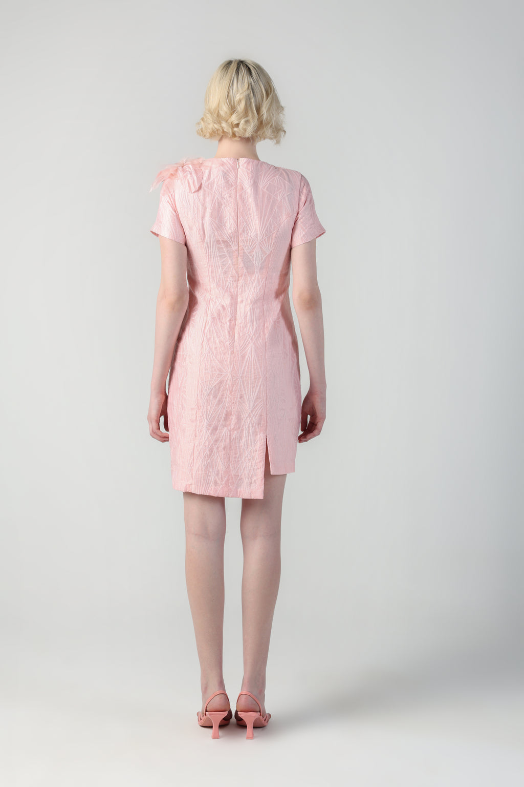 SVEVA PEACH JACQUARD 3D FLOWER EMBELLISHED DRESS