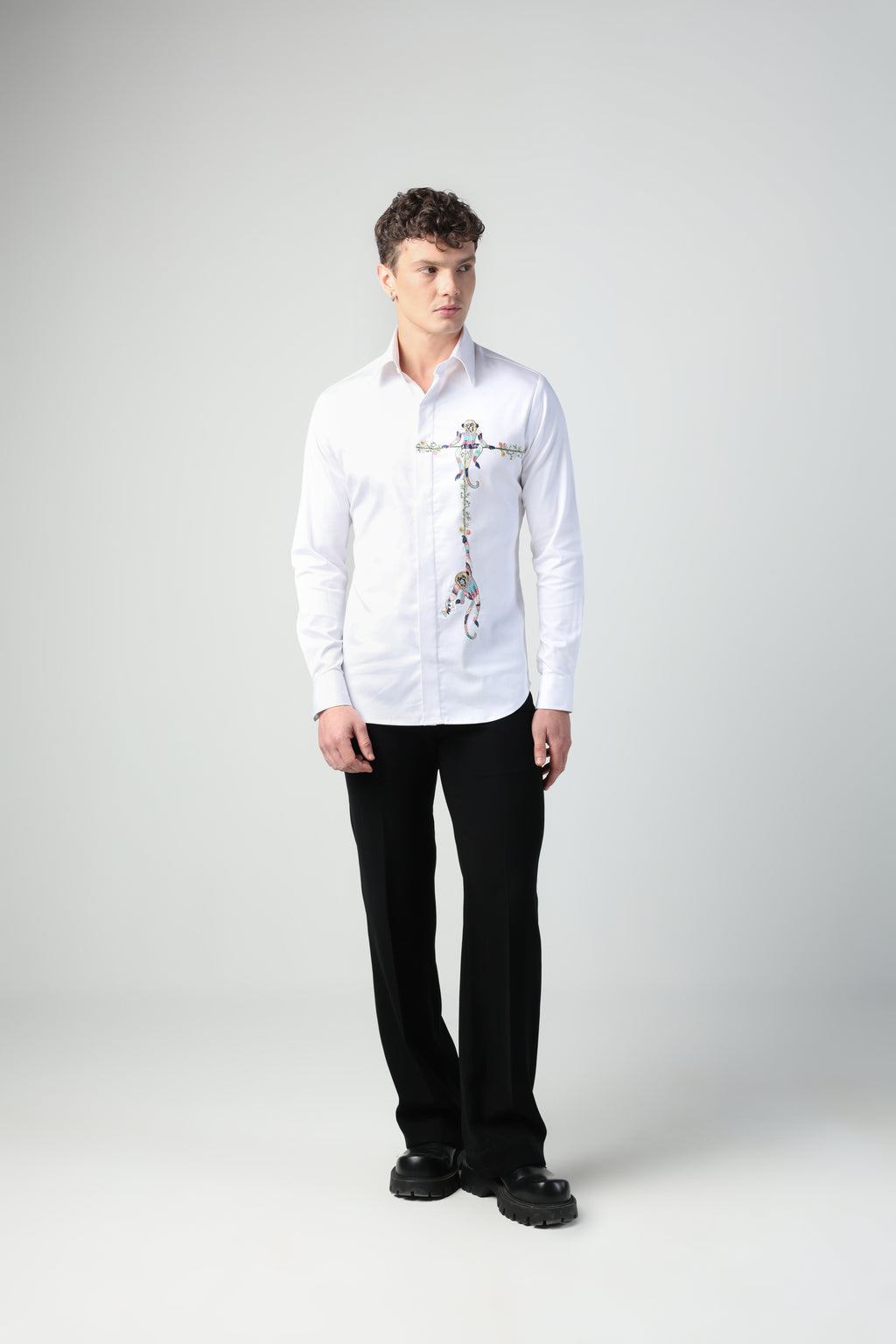 MARCELLO WHITE MONKEYS HANGING OUT HAND EMBROIDERED SHIRT