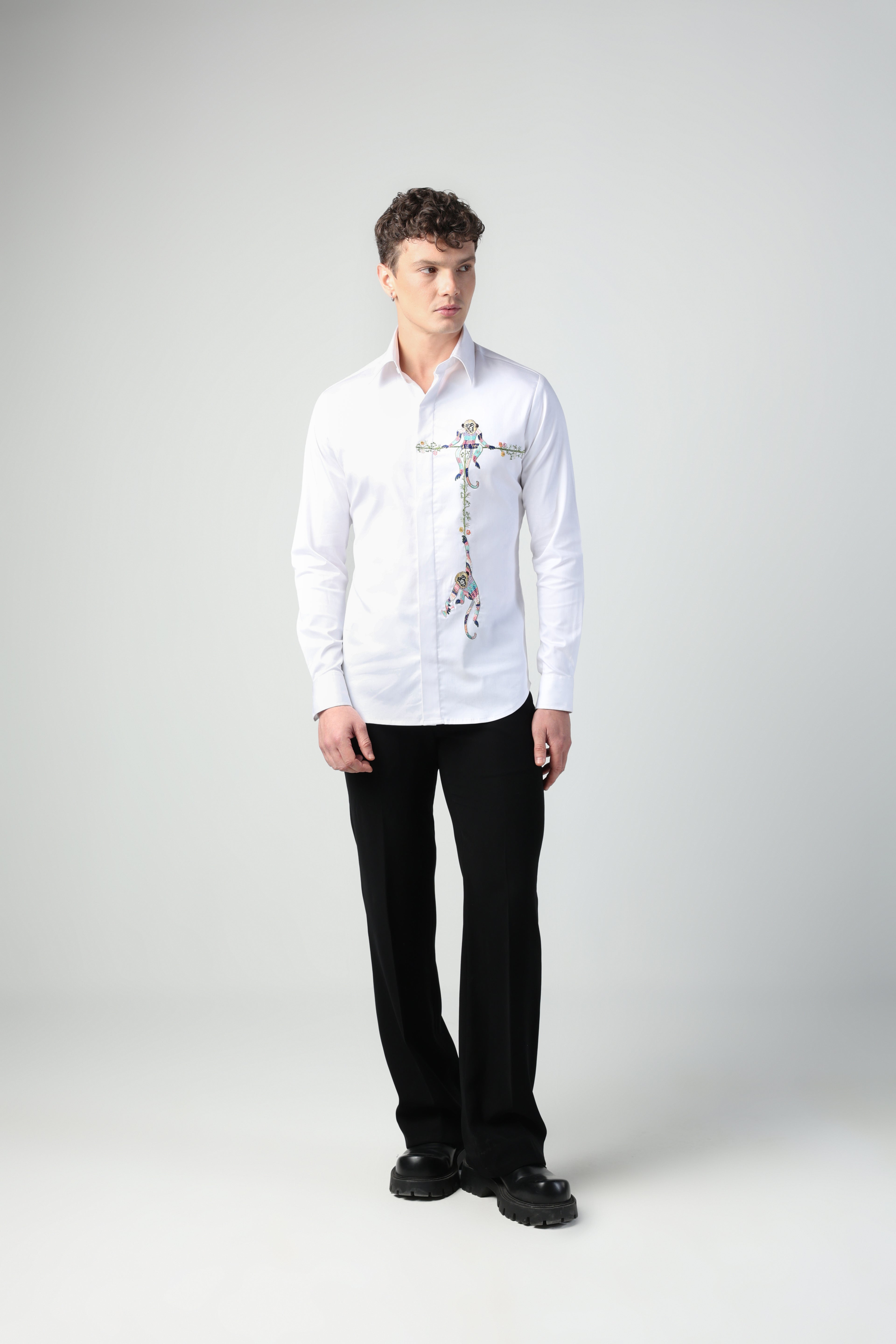 MARCELLO WHITE MONKEYS HANGING OUT HAND EMBROIDERED SHIRT