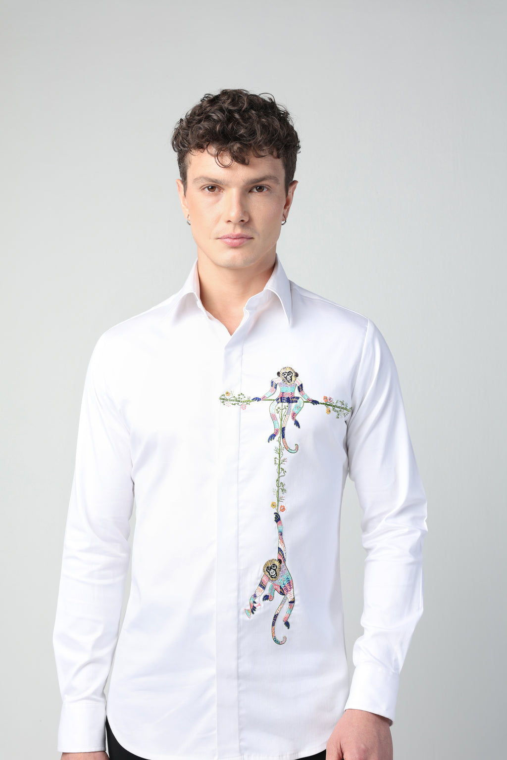 MARCELLO WHITE MONKEYS HANGING OUT HAND EMBROIDERED SHIRT