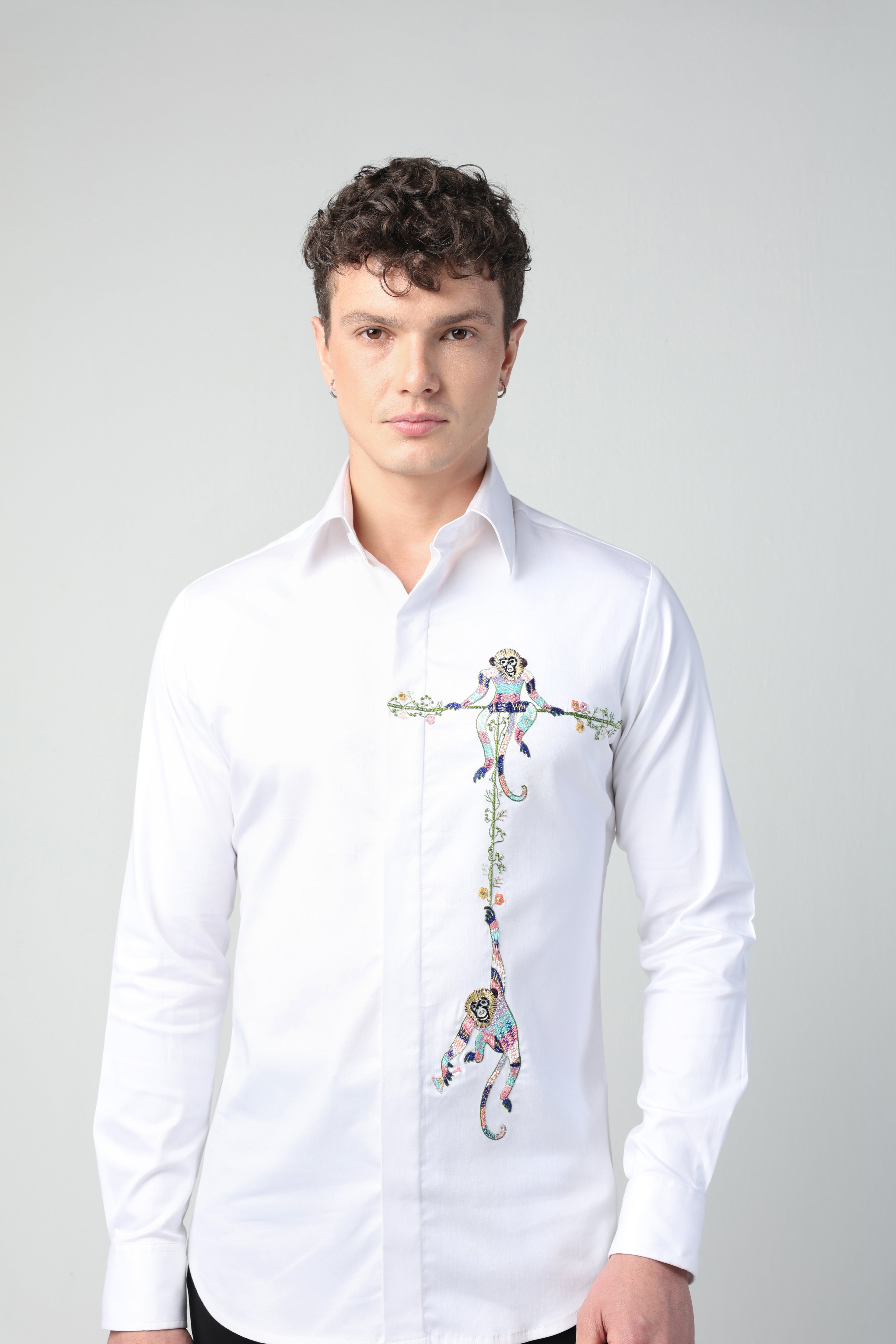 MARCELLO WHITE MONKEYS HANGING OUT HAND EMBROIDERED SHIRT