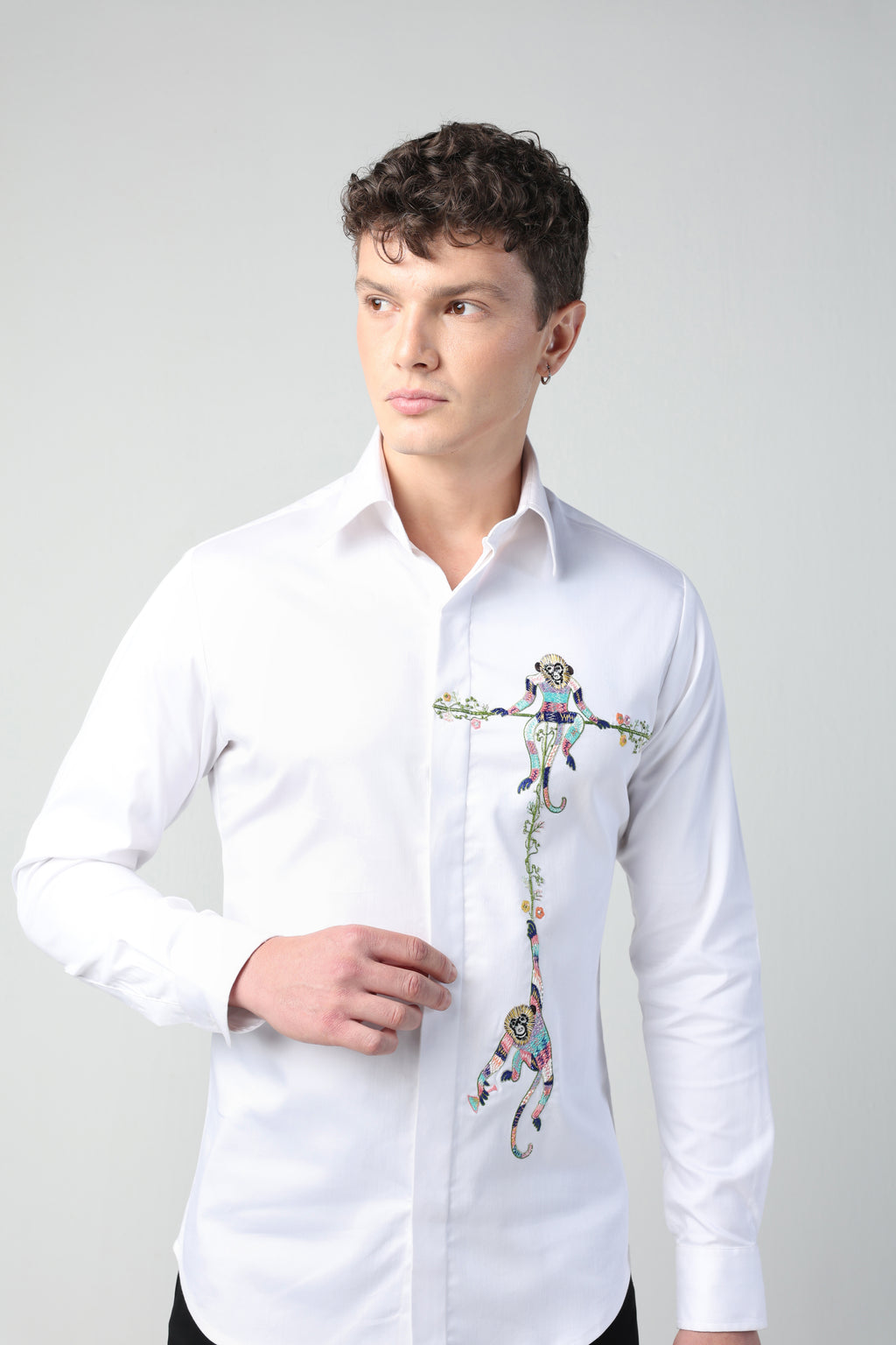 MARCELLO WHITE MONKEYS HANGING OUT HAND EMBROIDERED SHIRT