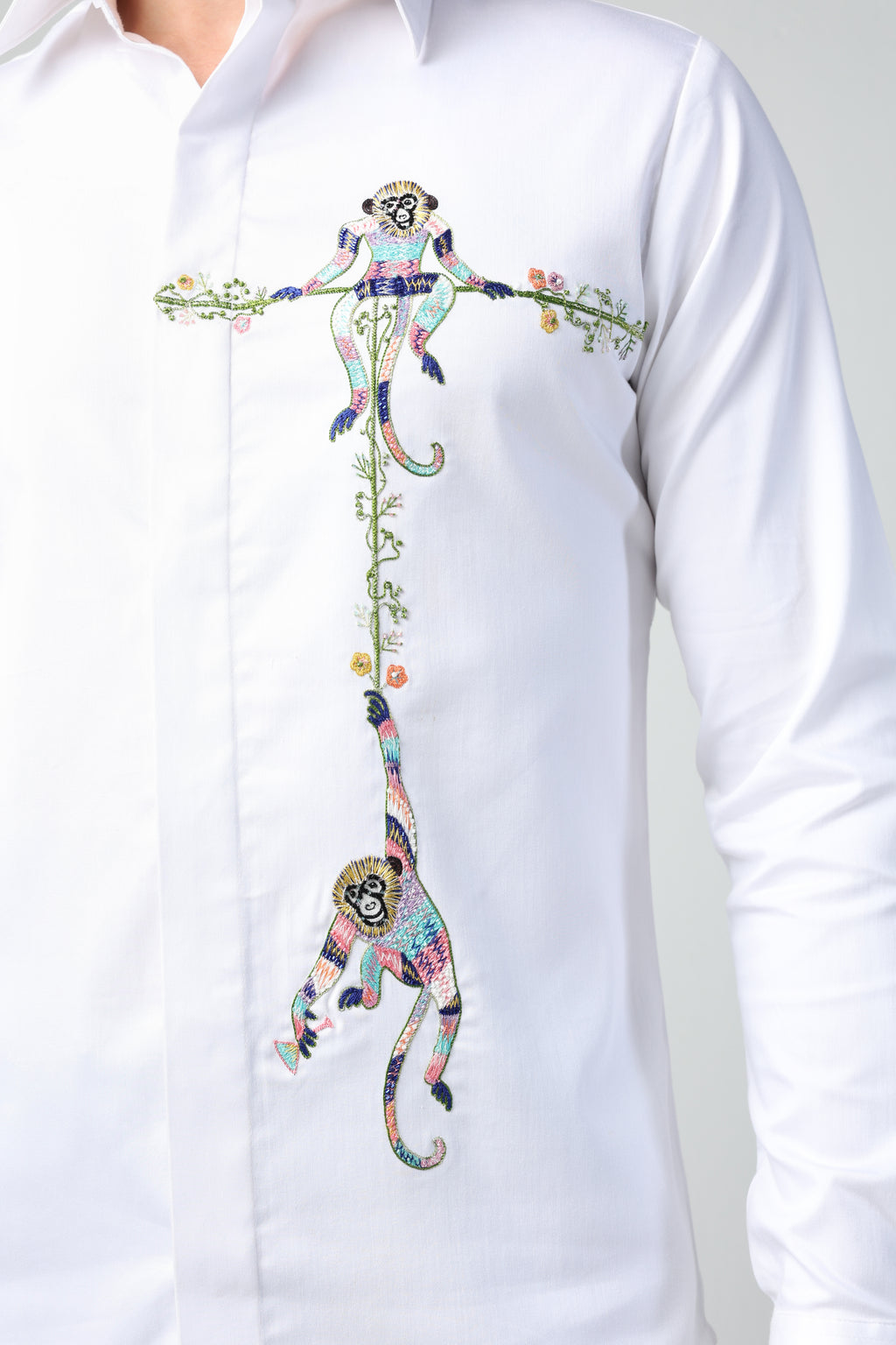 MARCELLO WHITE MONKEYS HANGING OUT HAND EMBROIDERED SHIRT