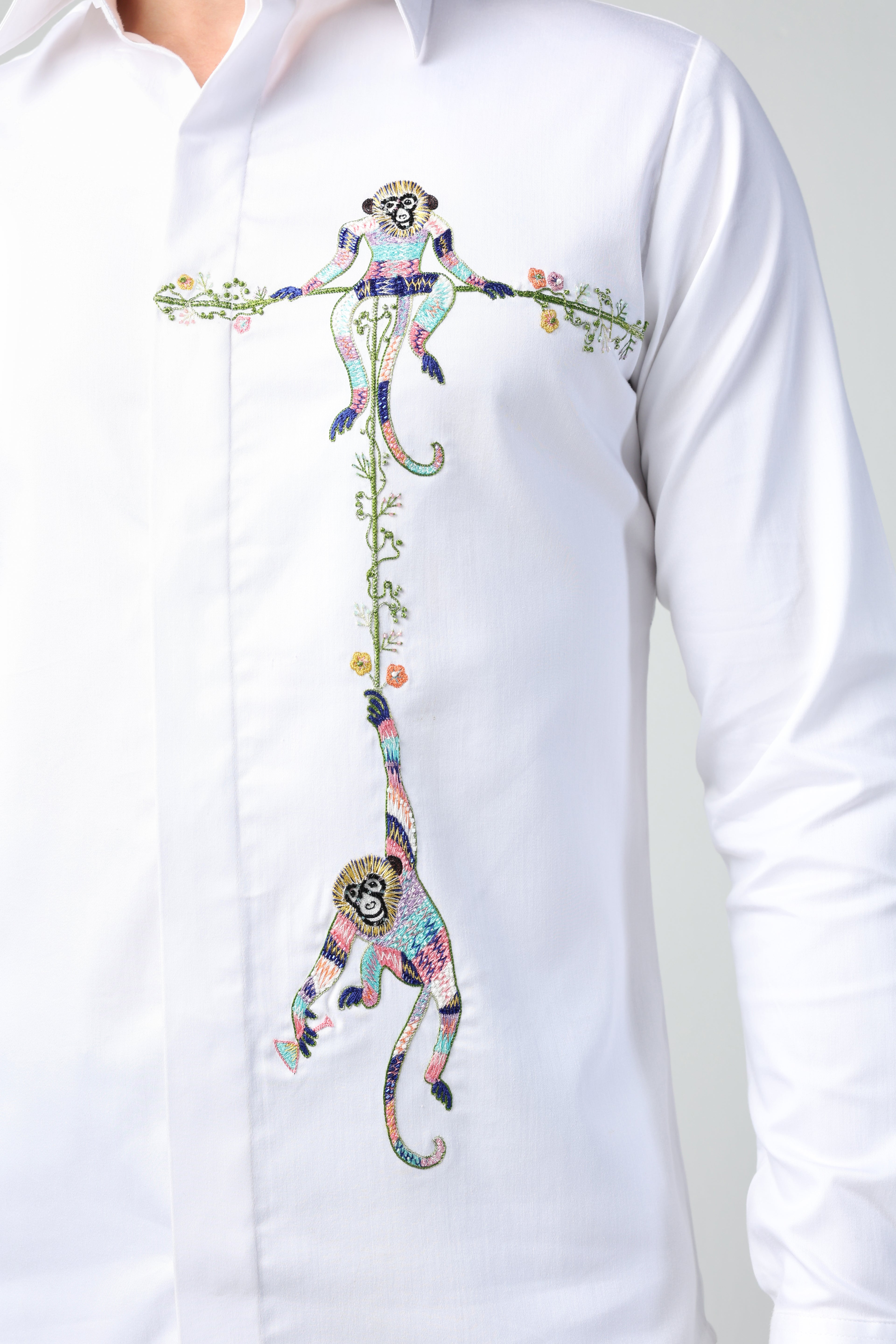MARCELLO WHITE MONKEYS HANGING OUT HAND EMBROIDERED SHIRT