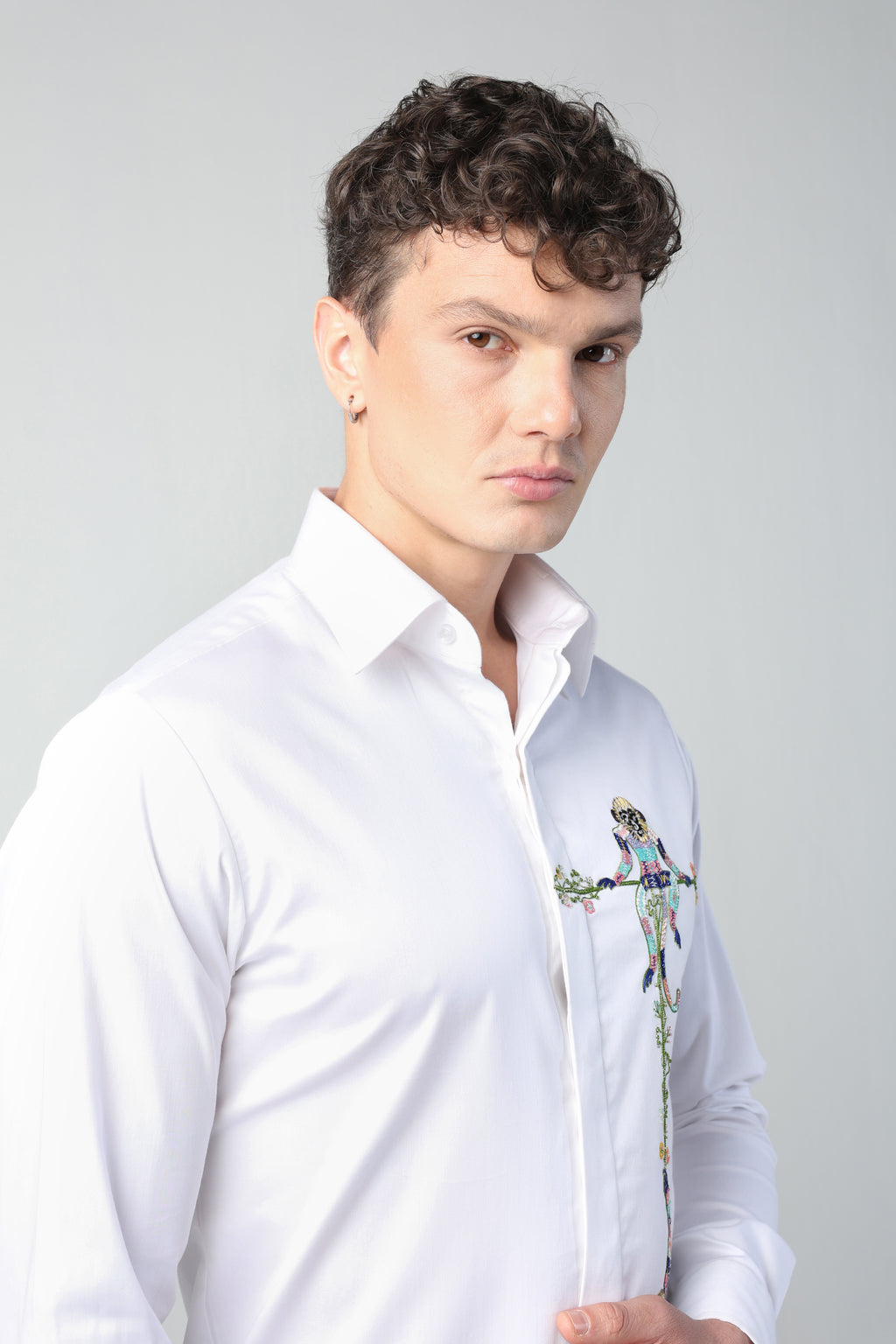 MARCELLO WHITE MONKEYS HANGING OUT HAND EMBROIDERED SHIRT