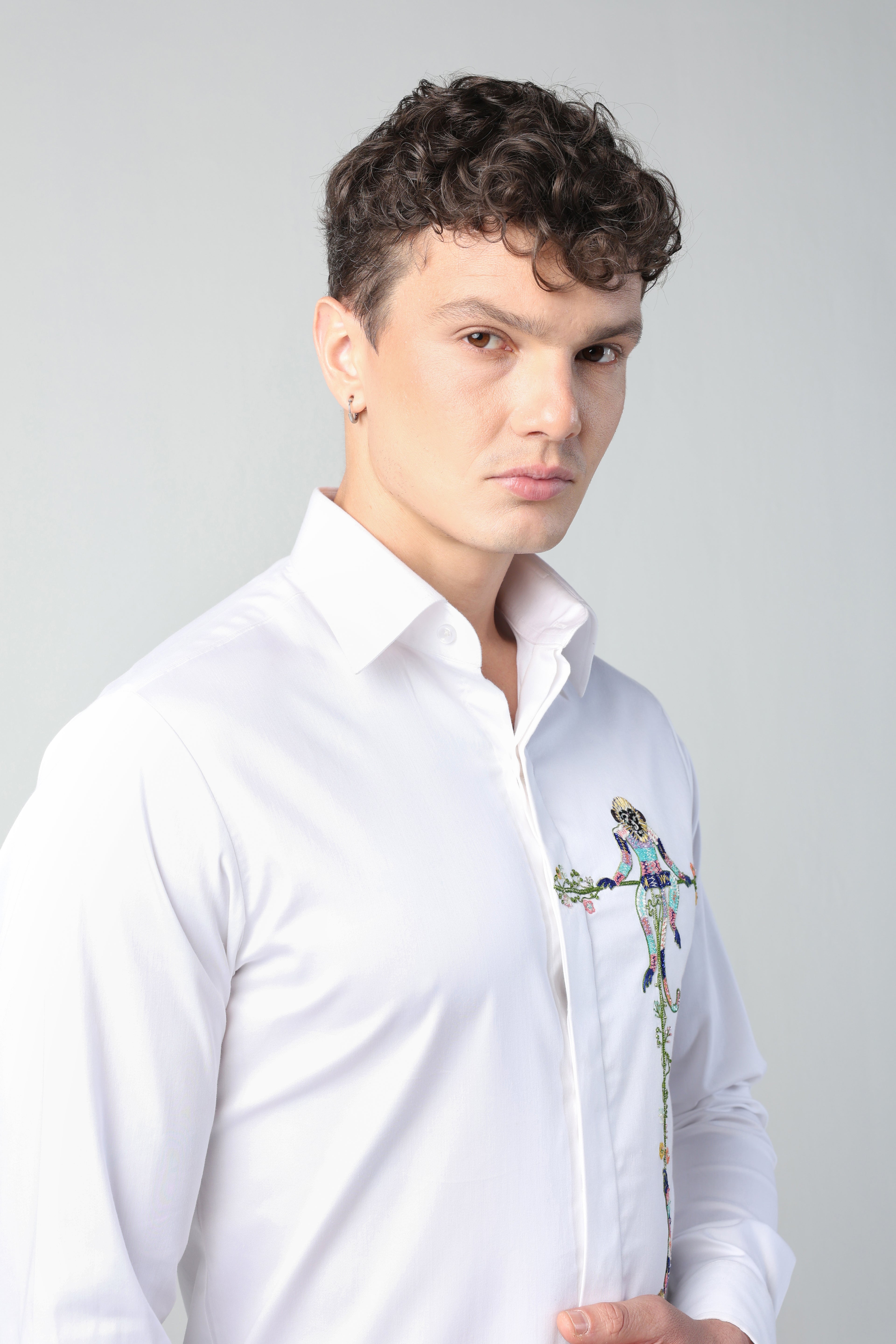 MARCELLO WHITE MONKEYS HANGING OUT HAND EMBROIDERED SHIRT