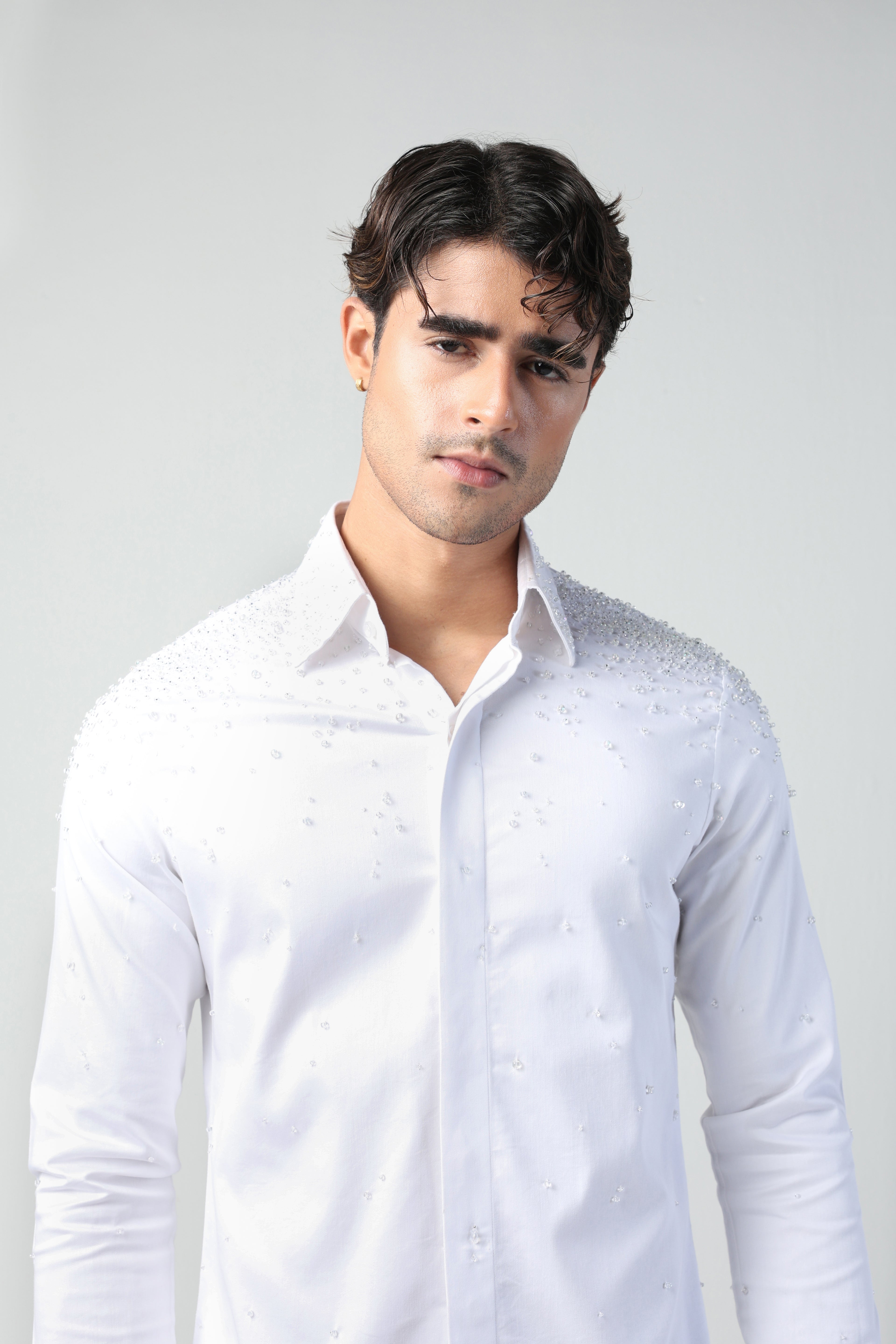 CARLO WHITE WATER DROPLETS HAND EMBROIDERED SHIRT