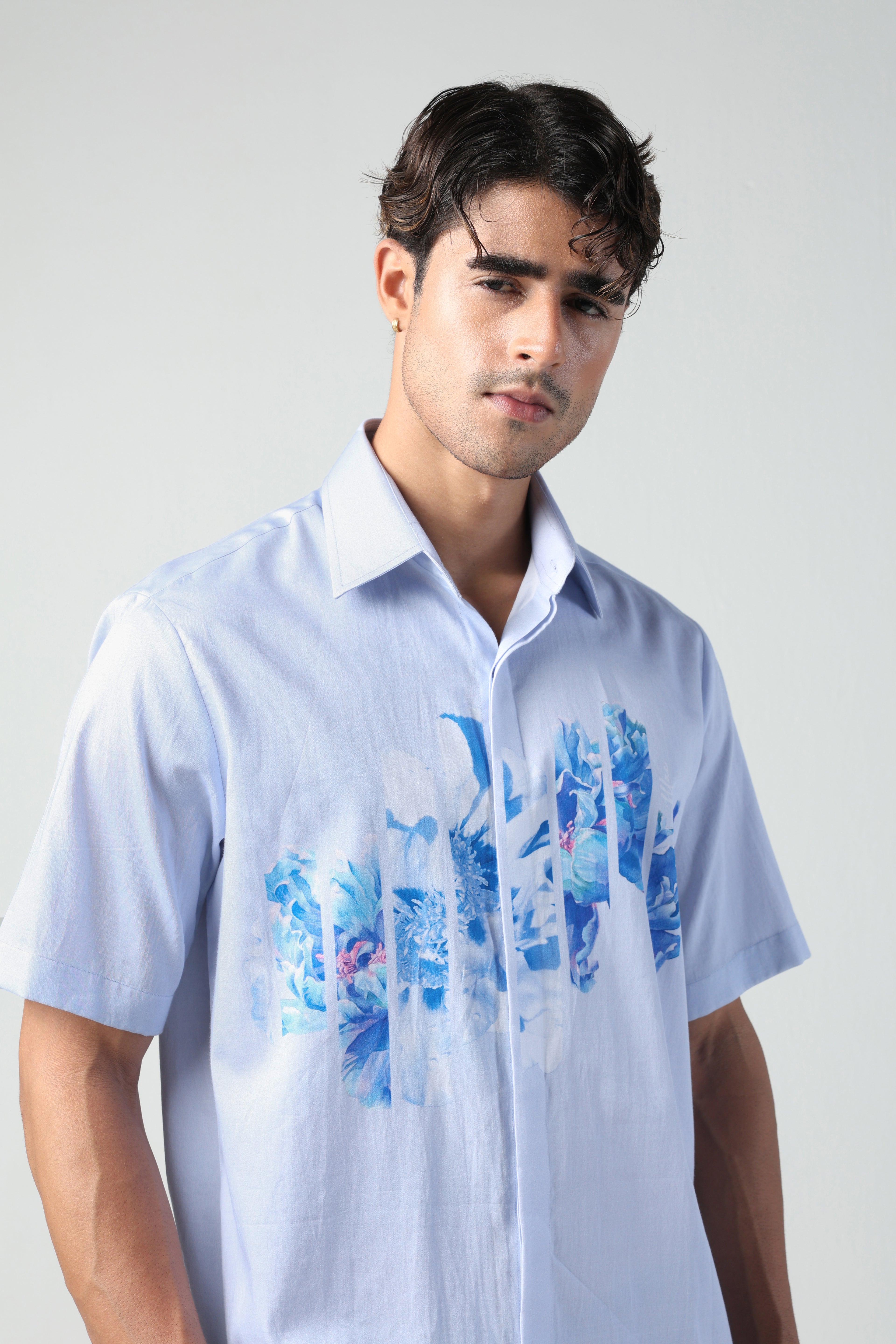 DANTE ABSTRACT BLUE FLORAL PRINTED SHORT SLEEVE SHIRT