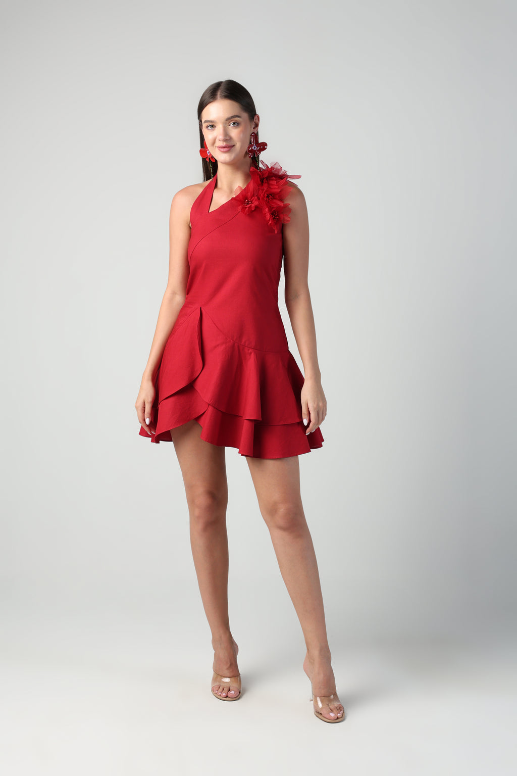 ARTEMISA RED 3D FLORA LAYERED RUFFLE DRESS