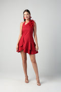 ARTEMISA RED 3D FLORA LAYERED RUFFLE DRESS