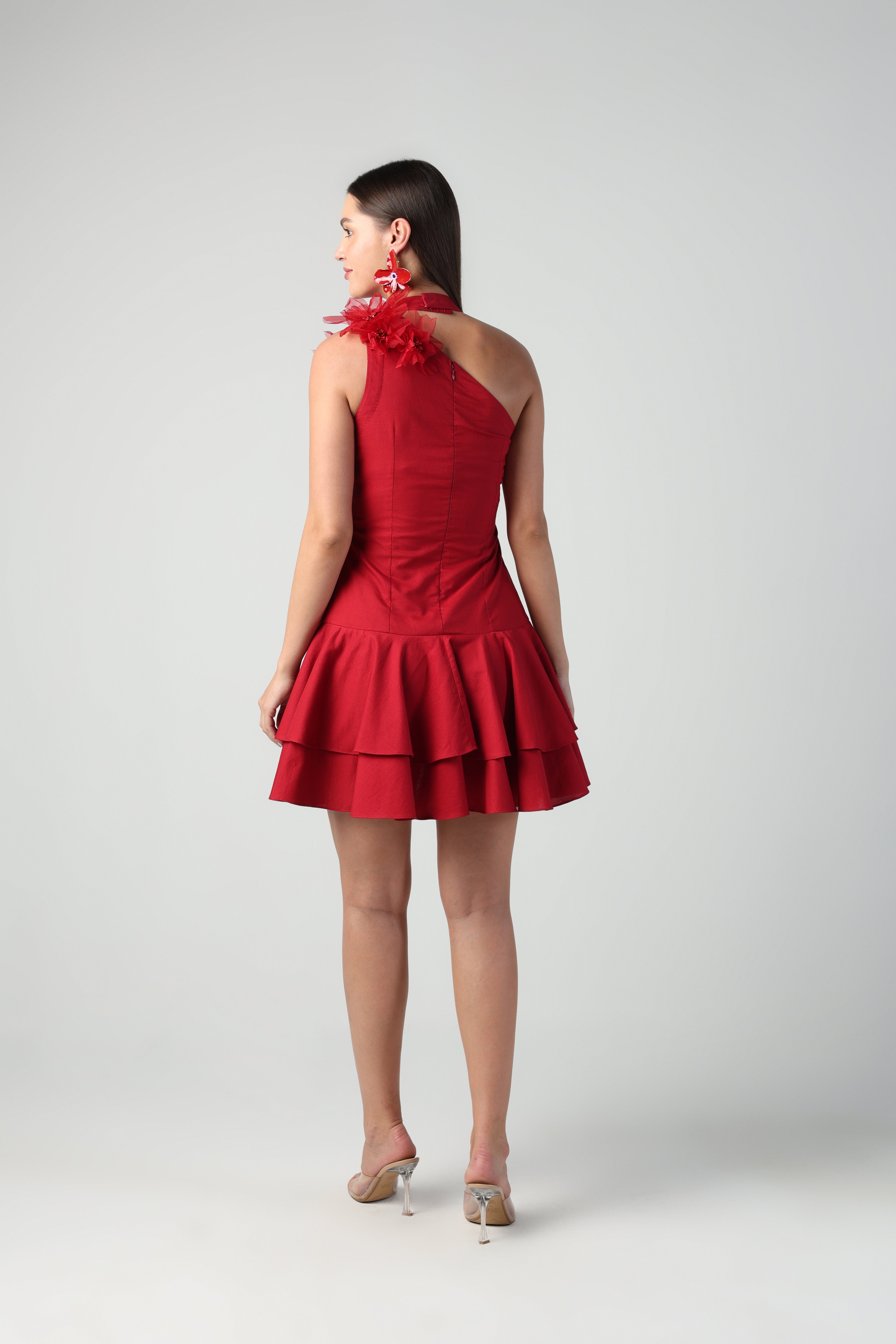 ARTEMISA RED 3D FLORA LAYERED RUFFLE DRESS