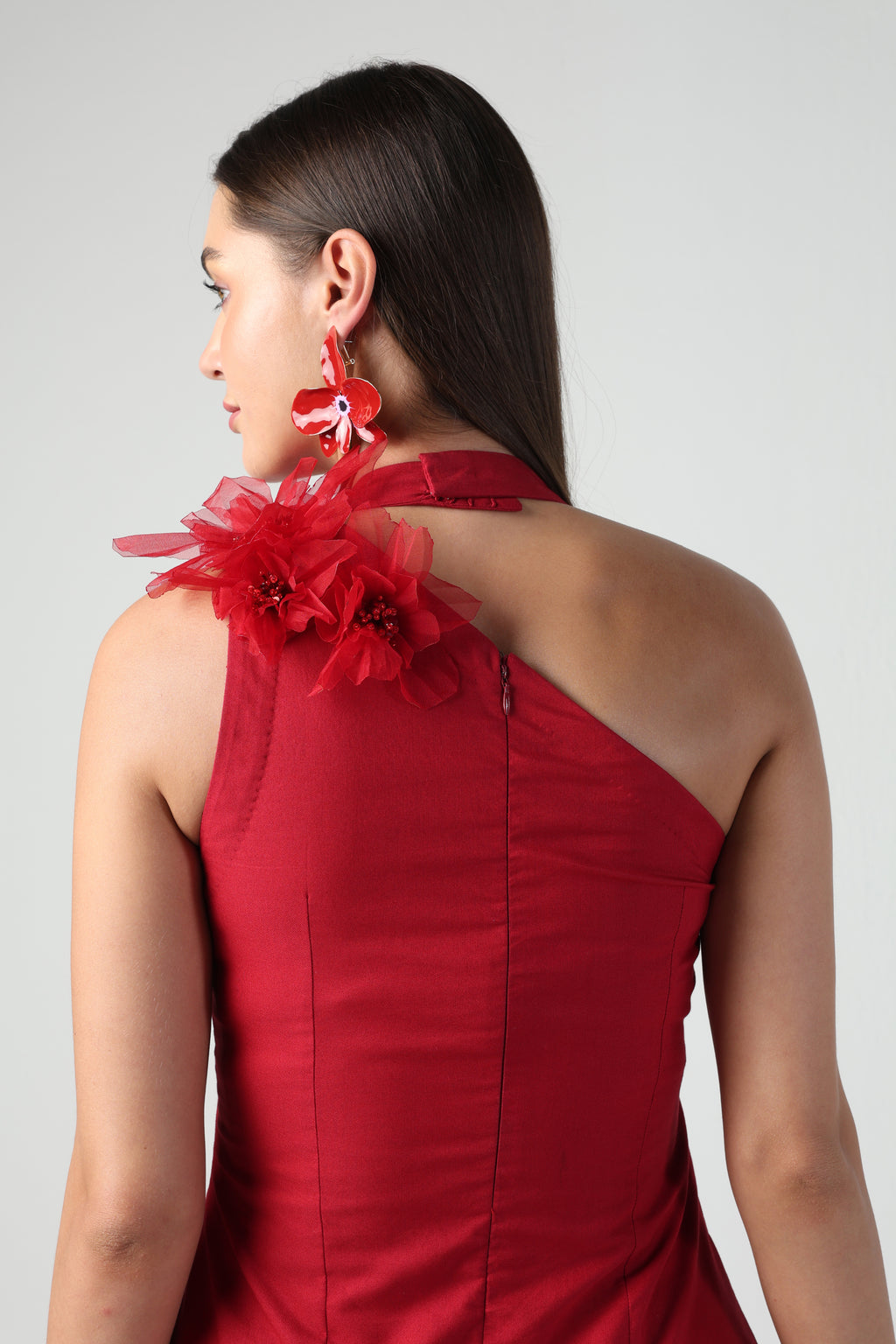 ARTEMISA RED 3D FLORA LAYERED RUFFLE DRESS