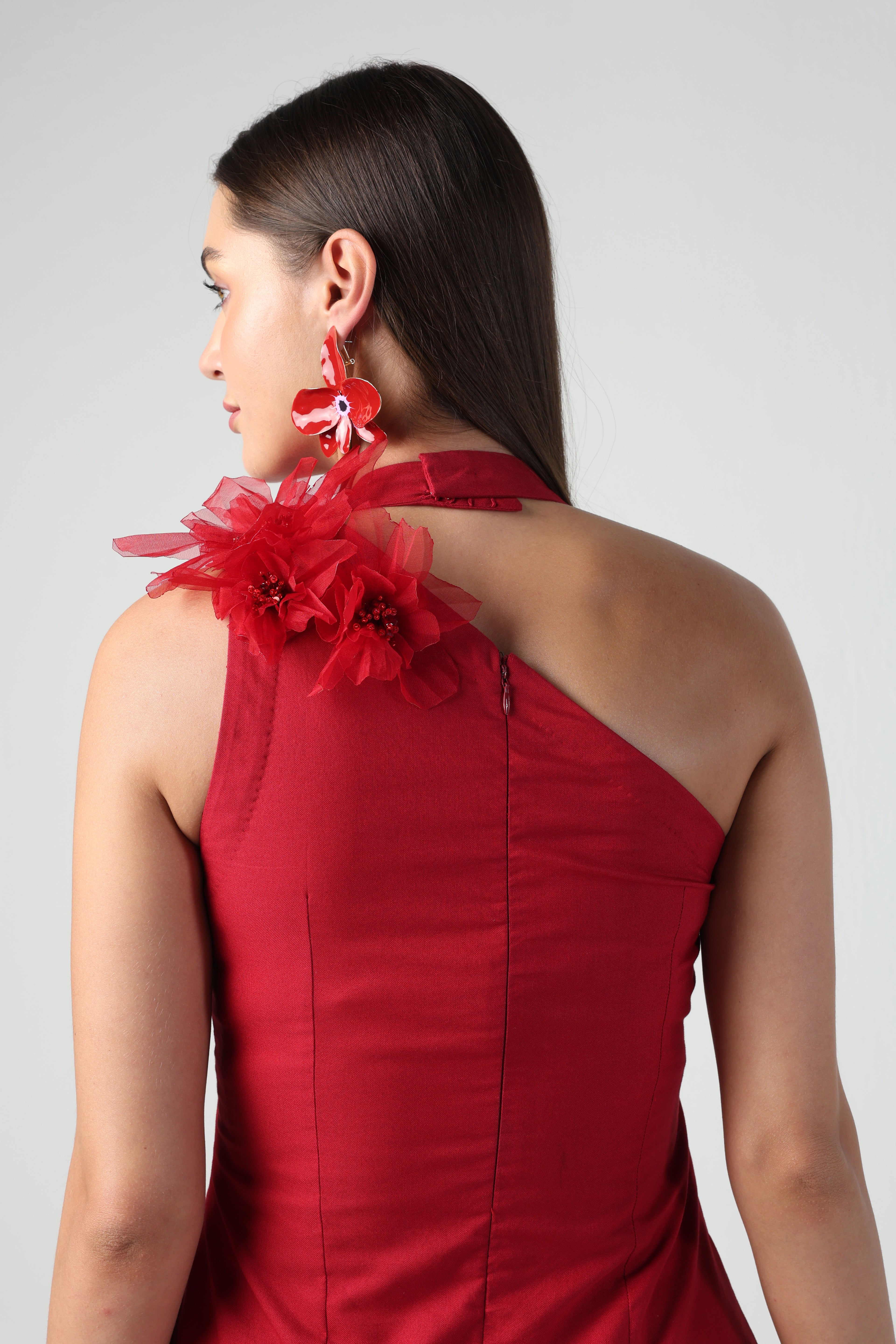 ARTEMISA RED 3D FLORA LAYERED RUFFLE DRESS