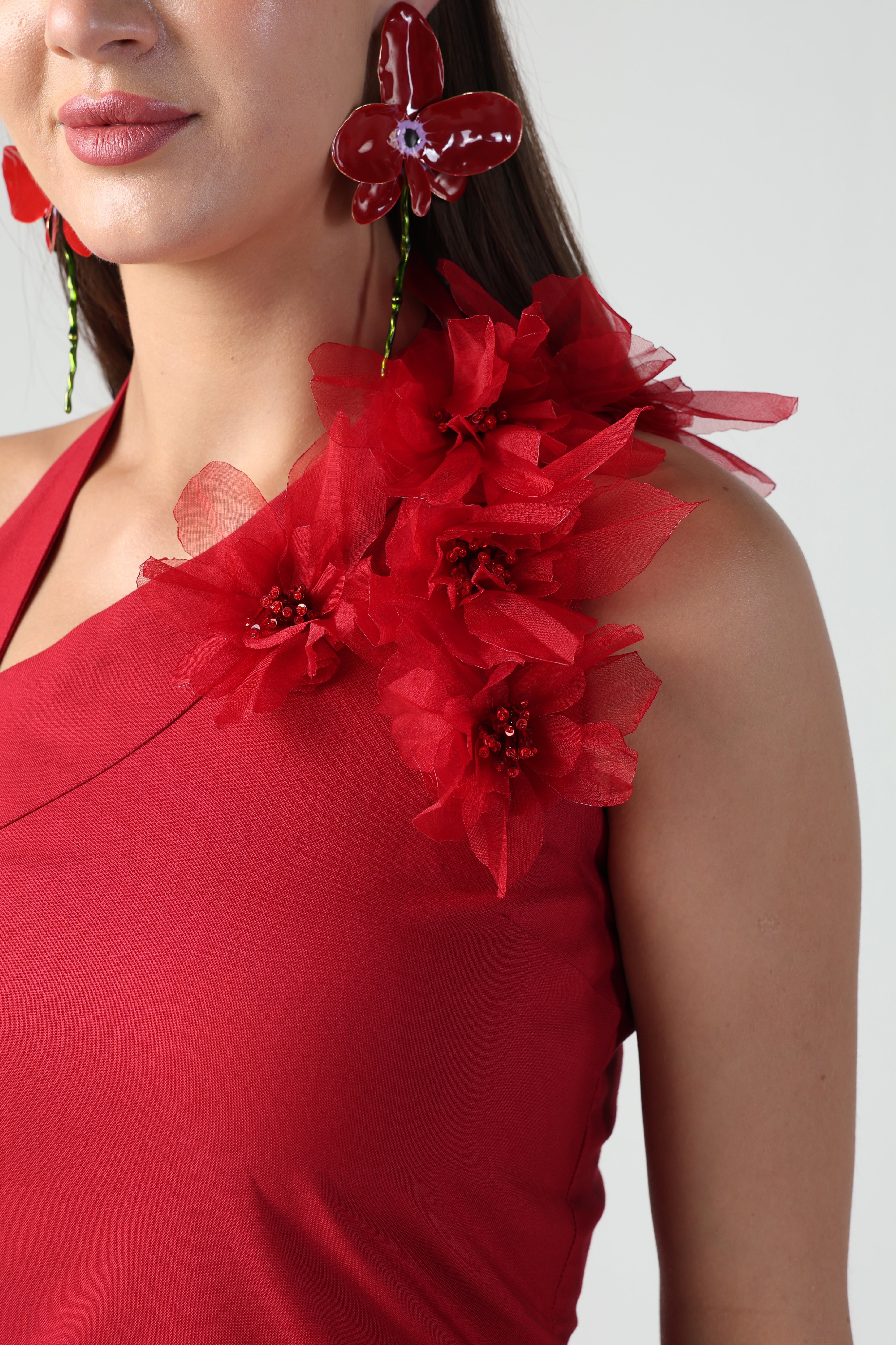 ARTEMISA RED 3D FLORA LAYERED RUFFLE DRESS