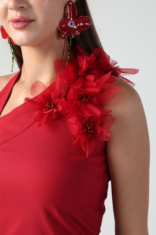 ARTEMISA RED 3D FLORA LAYERED RUFFLE DRESS