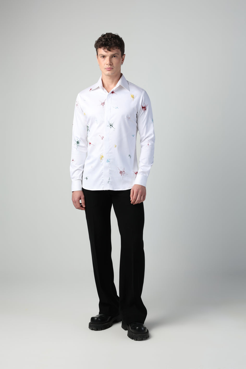 ENRICO WHITE COLORFUL SPLITTER SPLATTER HAND EMBROIDERED SHIRT