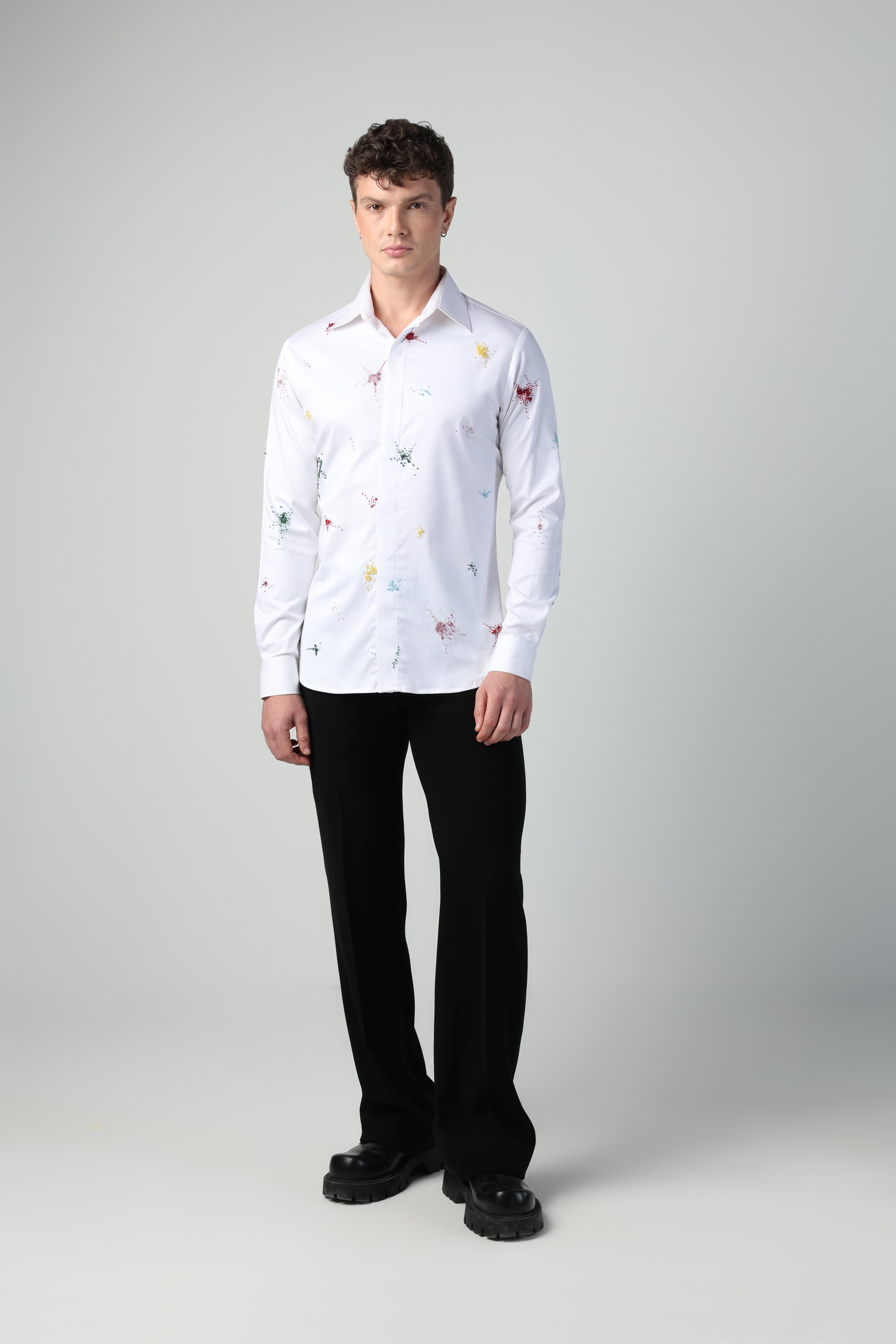 ENRICO WHITE COLORFUL SPLITTER SPLATTER HAND EMBROIDERED SHIRT