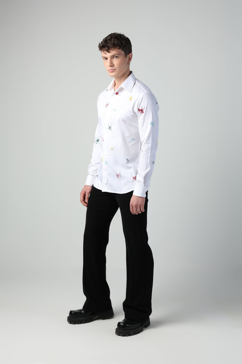 ENRICO WHITE COLORFUL SPLITTER SPLATTER HAND EMBROIDERED SHIRT