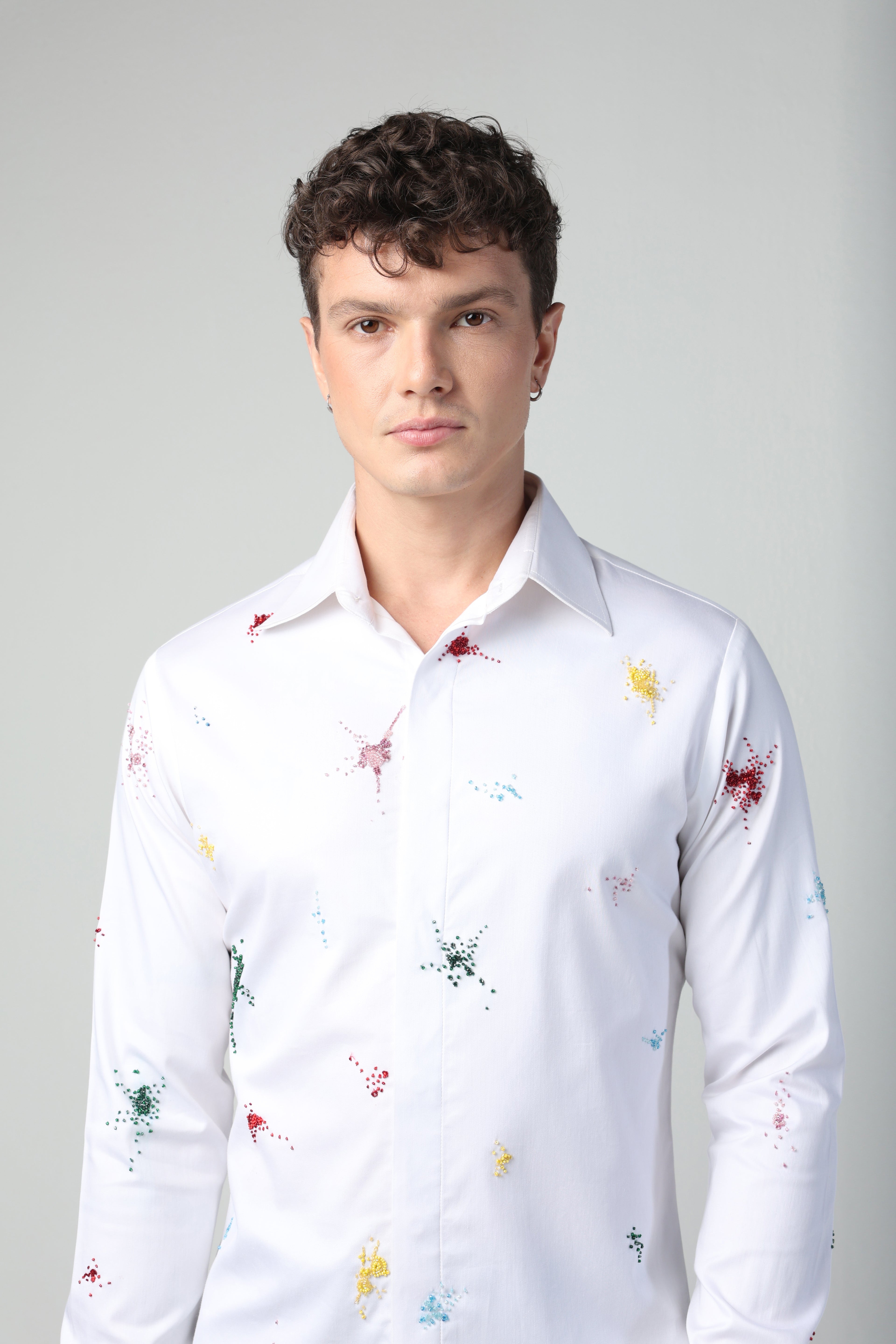 ENRICO WHITE COLORFUL SPLITTER SPLATTER HAND EMBROIDERED SHIRT
