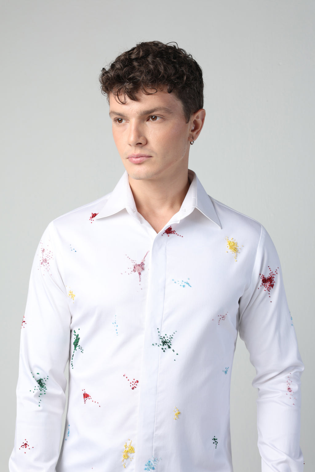 ENRICO WHITE COLORFUL SPLITTER SPLATTER HAND EMBROIDERED SHIRT