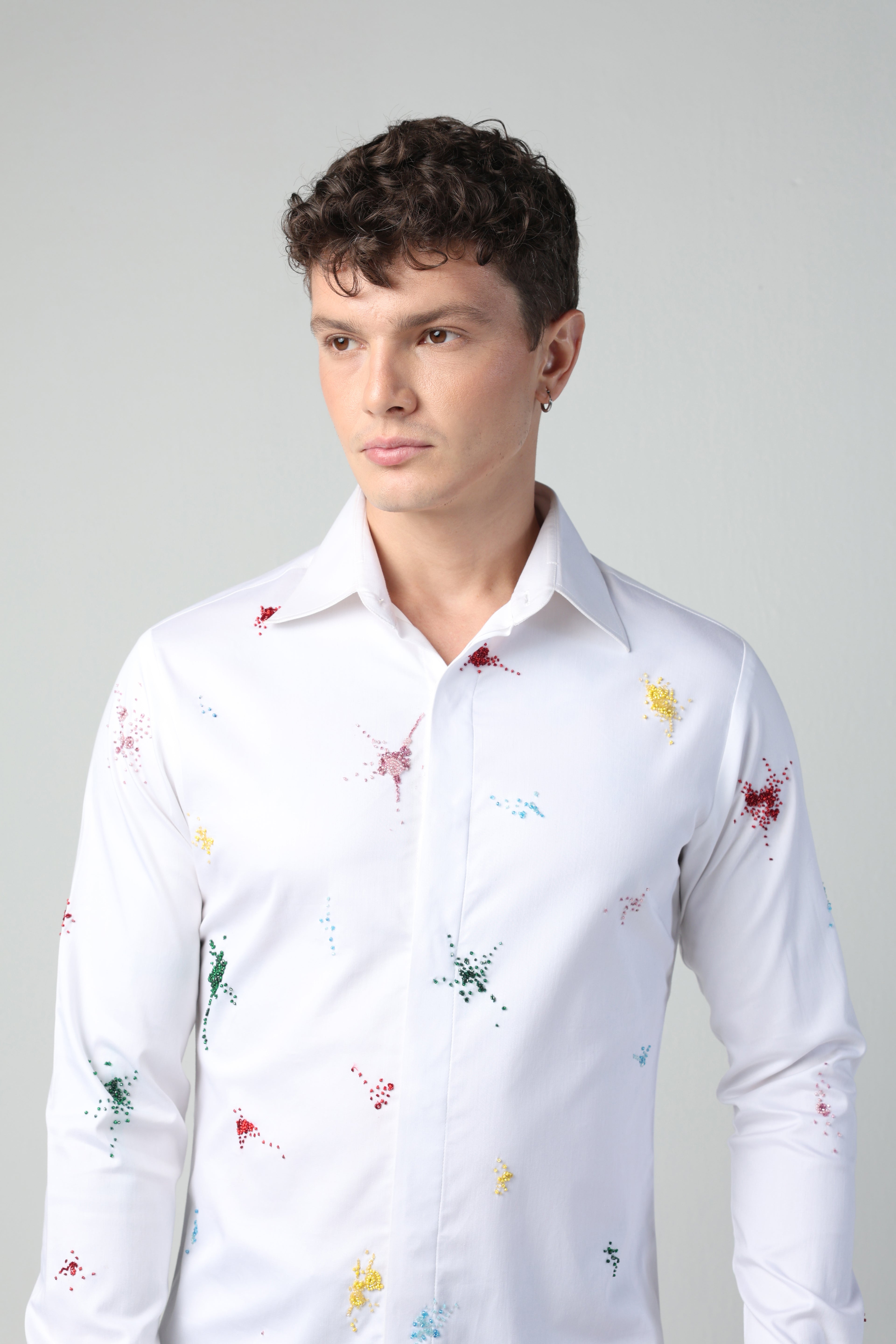 ENRICO WHITE COLORFUL SPLITTER SPLATTER HAND EMBROIDERED SHIRT
