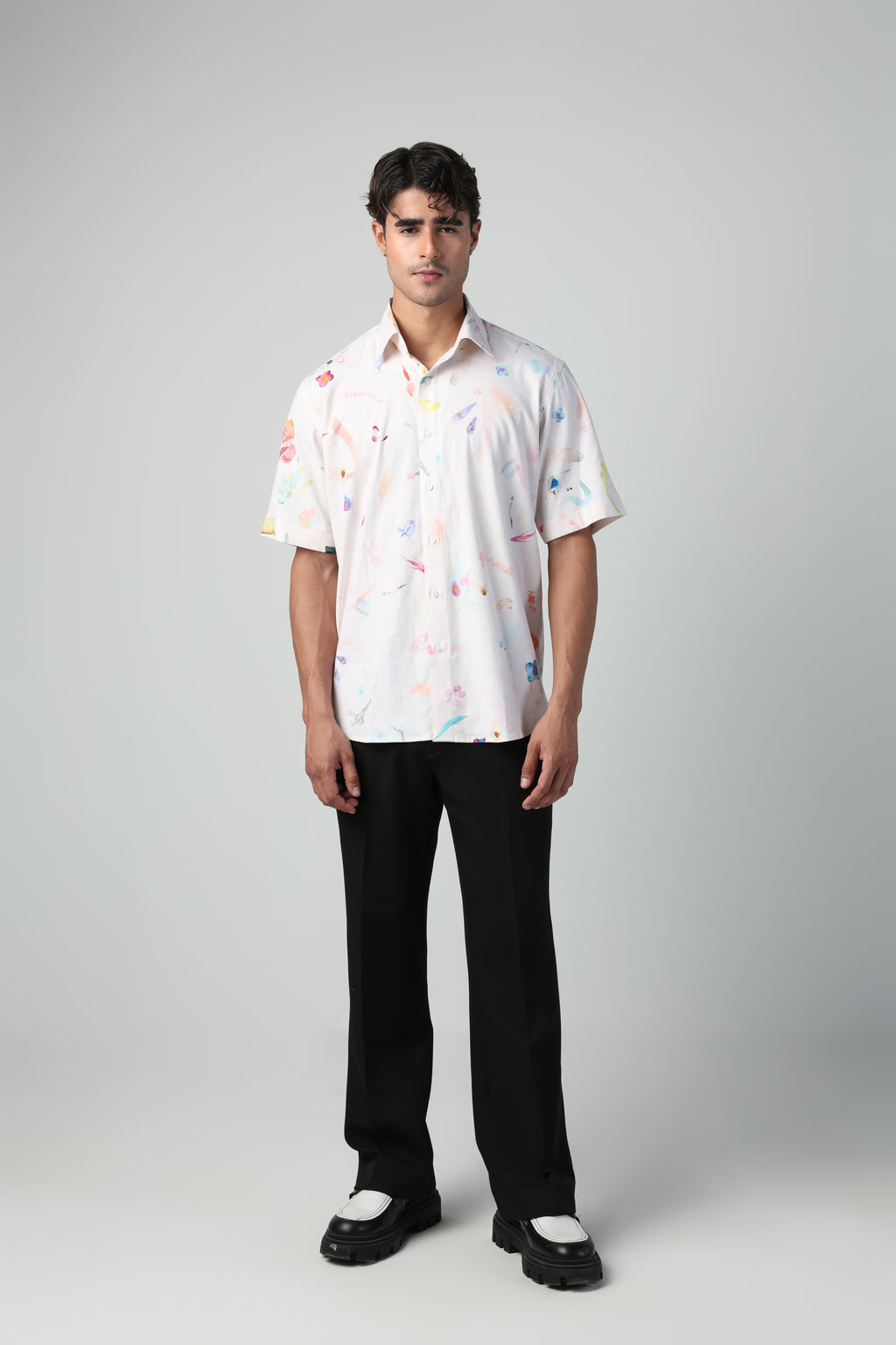 CIRO BRUSH STROKE PRINT LYCRA LINEN SHORT SLEEVE SHIRT