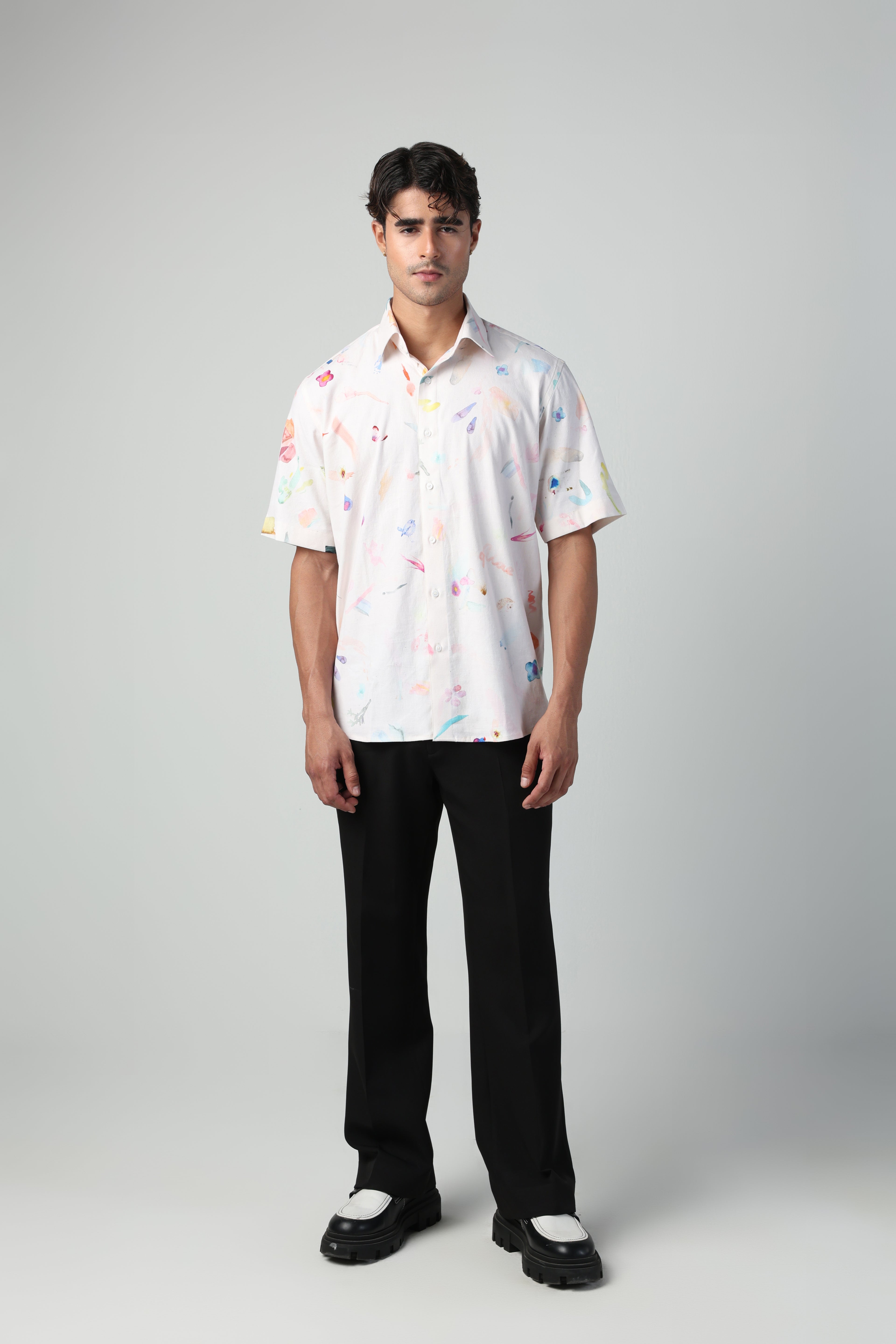 CIRO BRUSH STROKE PRINT LYCRA LINEN SHORT SLEEVE SHIRT