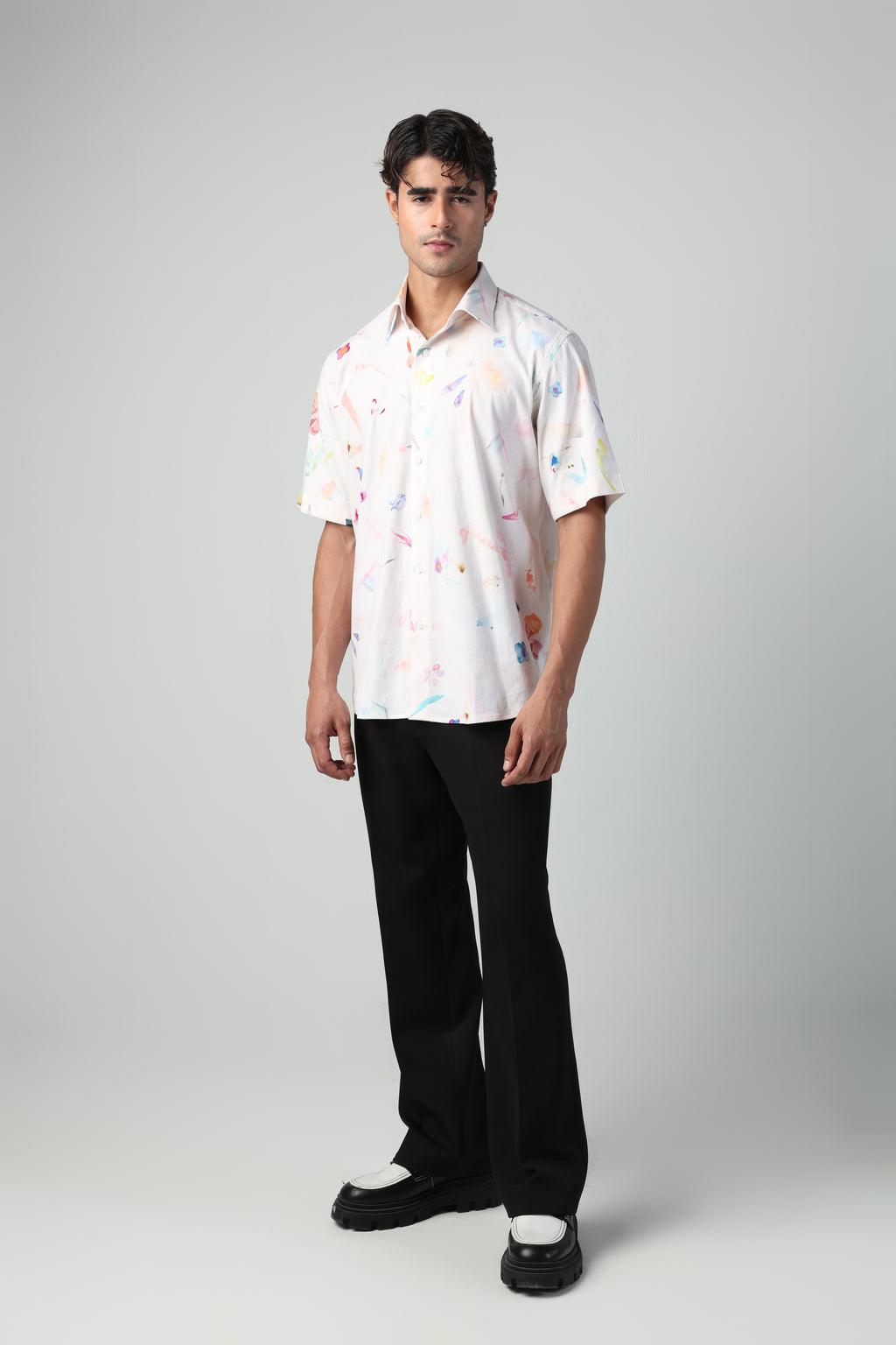 CIRO BRUSH STROKE PRINT LYCRA LINEN SHORT SLEEVE SHIRT