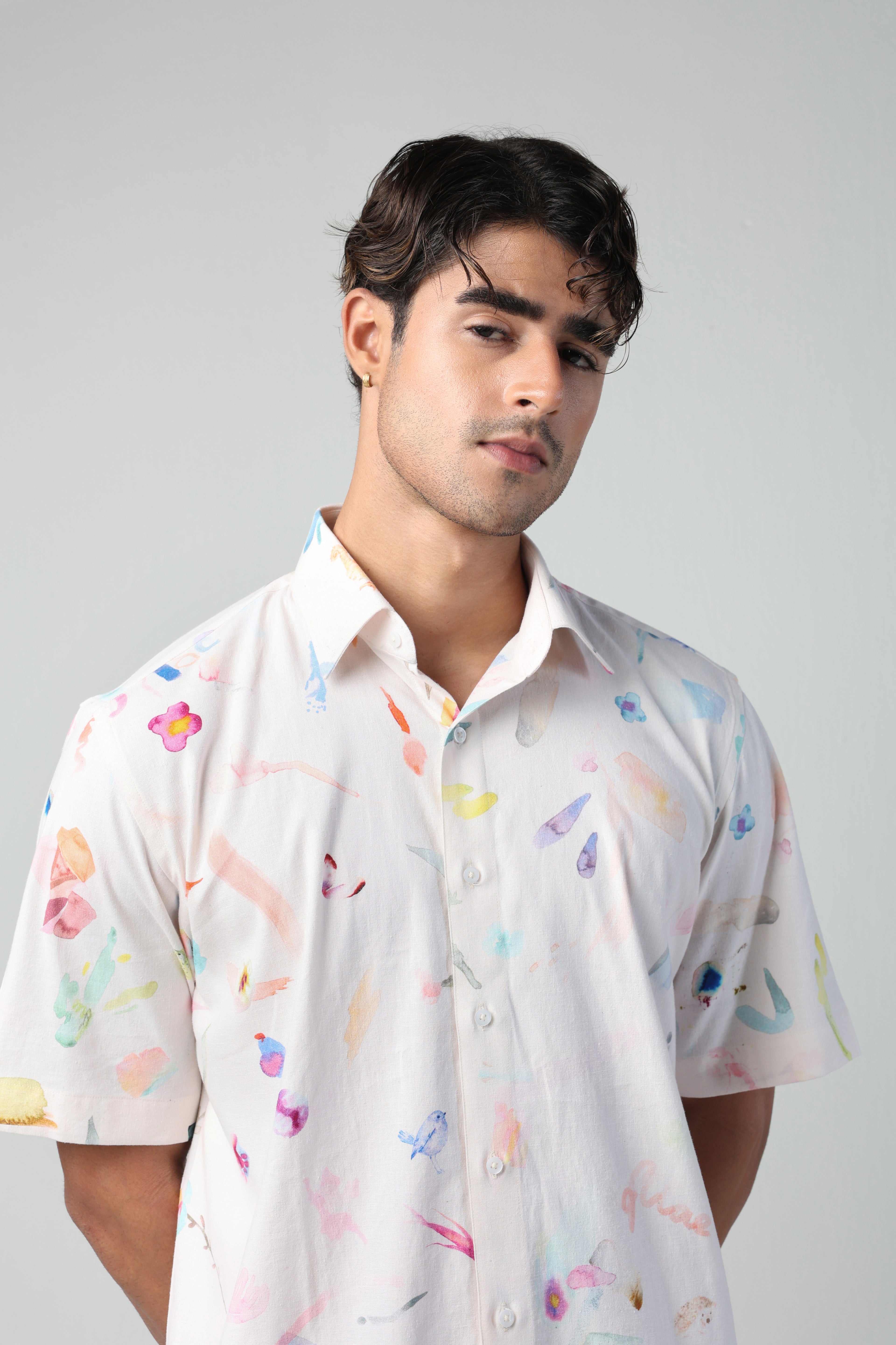 CIRO BRUSH STROKE PRINT LYCRA LINEN SHORT SLEEVE SHIRT
