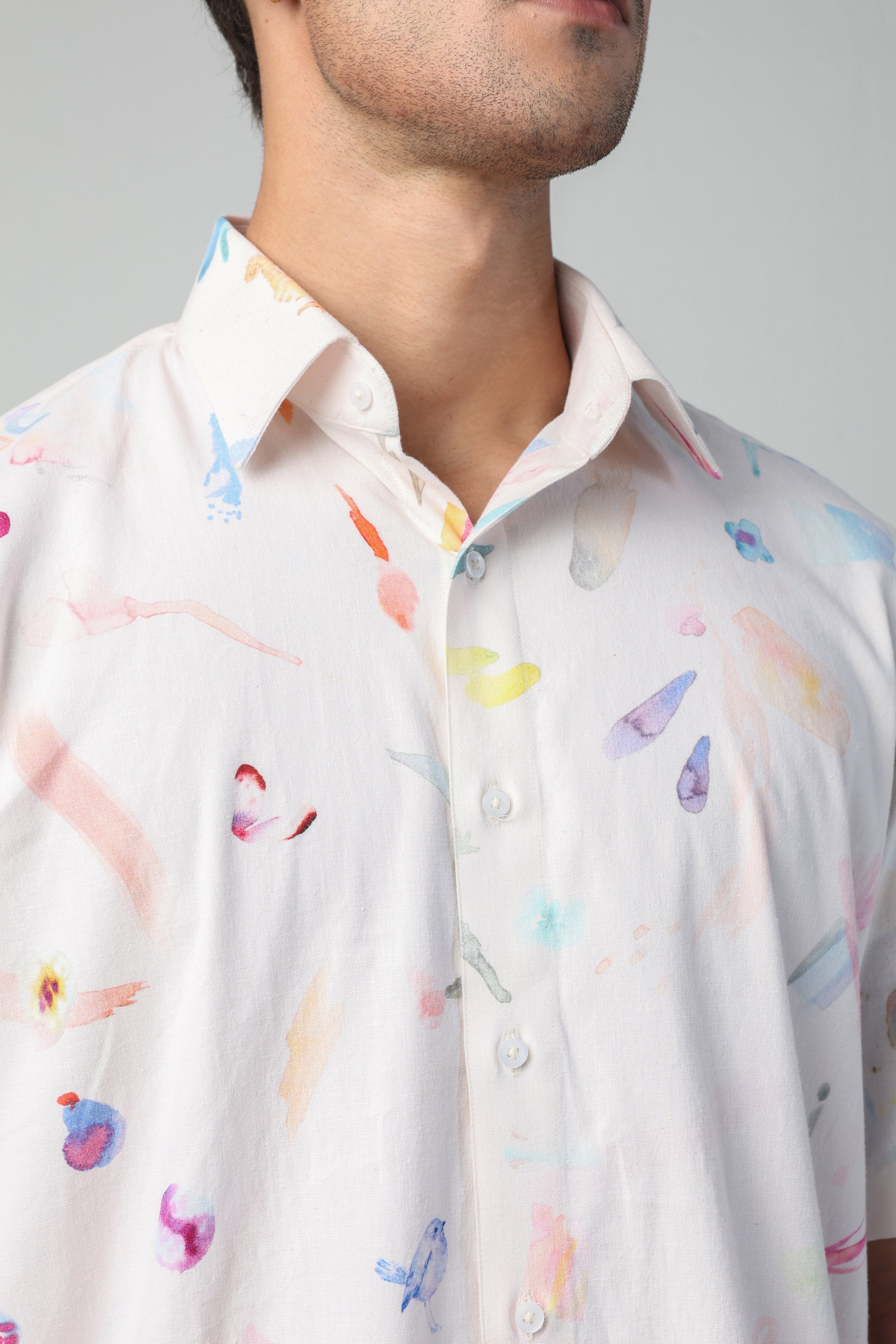 CIRO BRUSH STROKE PRINT LYCRA LINEN SHORT SLEEVE SHIRT