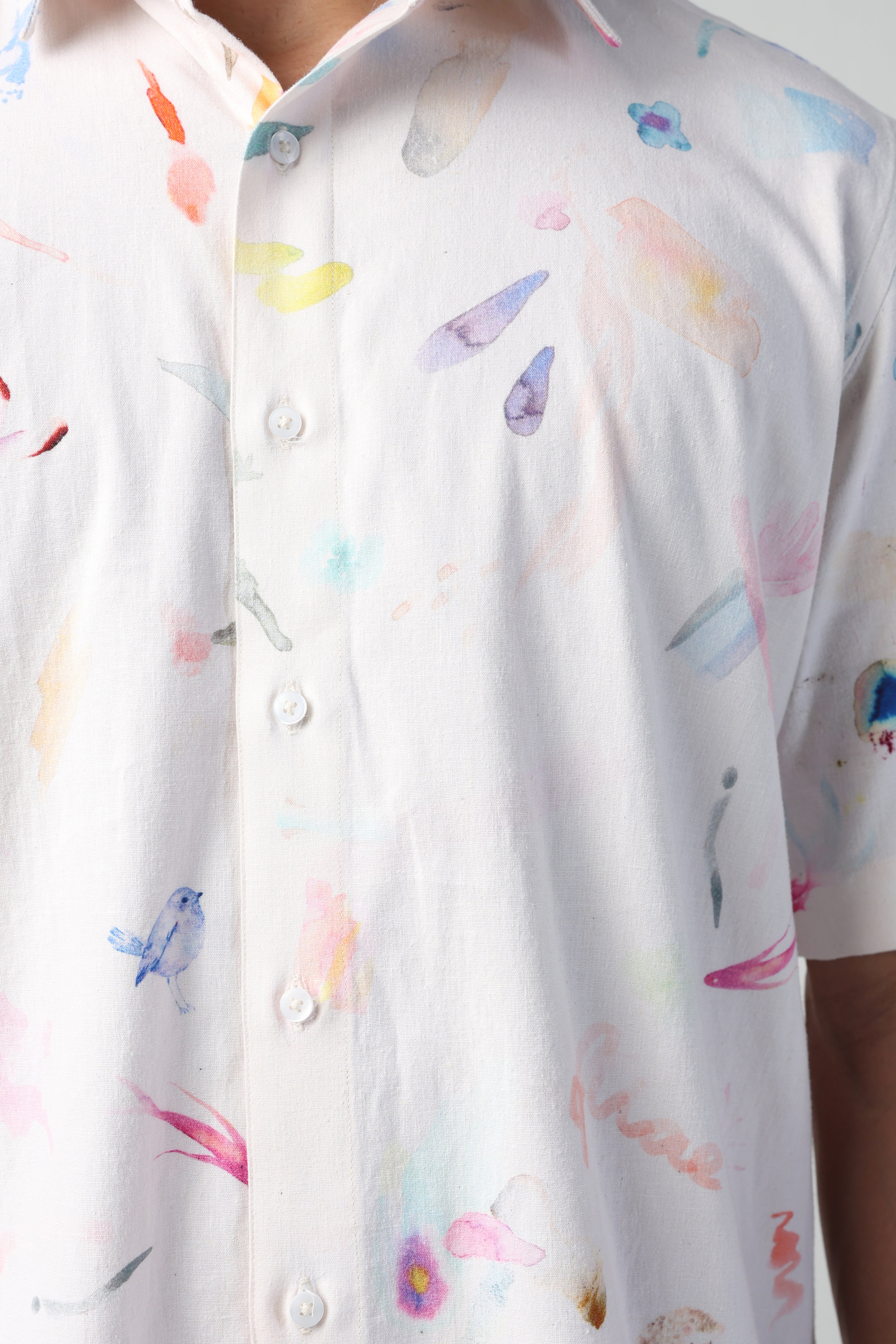 CIRO BRUSH STROKE PRINT LYCRA LINEN SHORT SLEEVE SHIRT